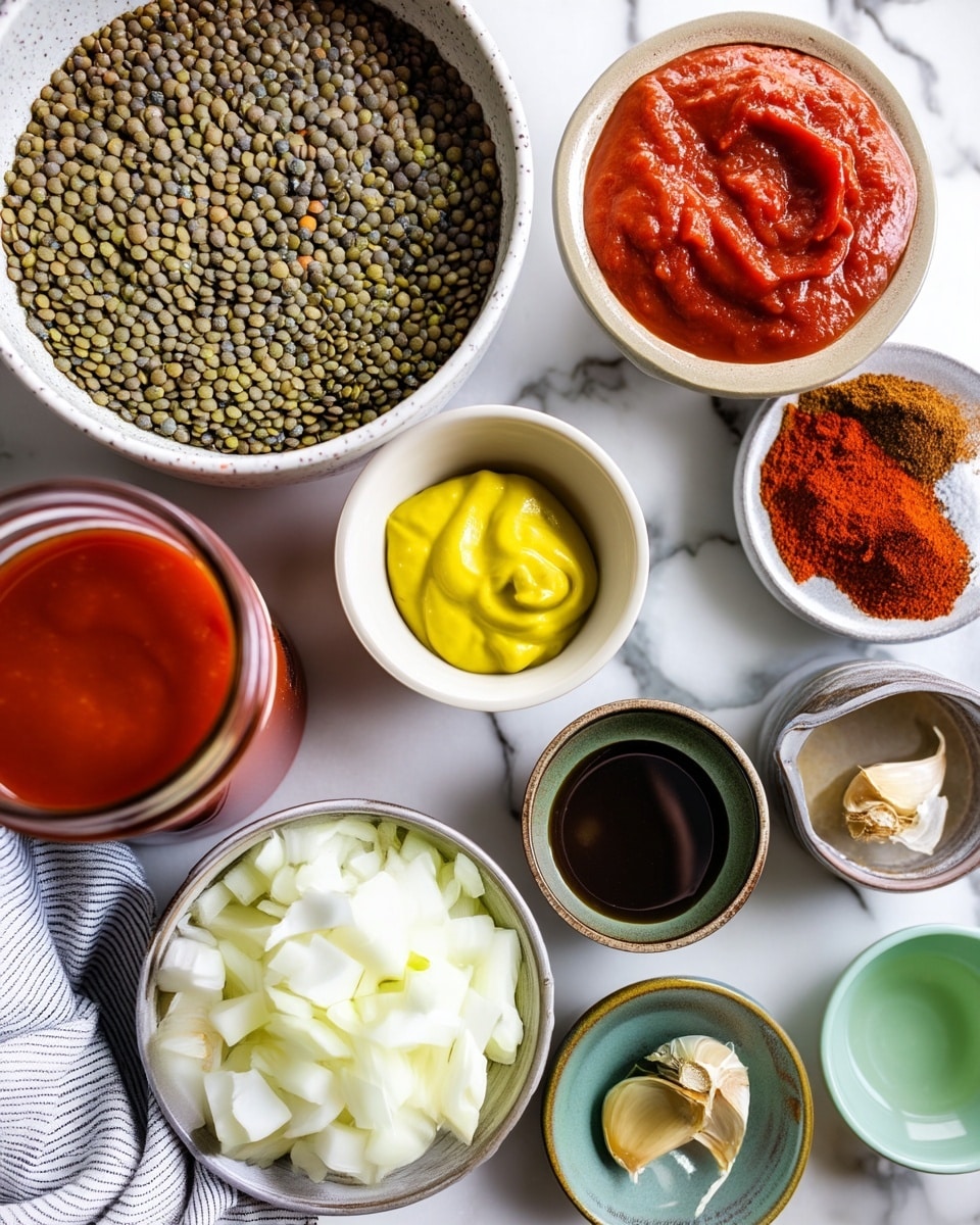 A top view image of many small white bowls and a jar all placed on a white marbled surface, each holding different ingredients for cooking. The biggest bowl is near the top left and is filled with small round French lentils in shades of greenish brown and gray. To the right is a smaller bowl with bright red tomato paste that has a thick texture. Below that is a tan bowl with smooth bright yellow mustard, and next to it is a small white bowl with three piles of powder seasonings in dark brown, red, and orange colors. In the middle is a small dark green bowl with dark brown Worcestershire sauce. To the left is a jar holding smooth red tomato sauce. Below are three white bowls: one filled with chopped bright green bell pepper cubes, one with large white chopped onion pieces, and another with three small bulbs of garlic resting on a green ceramic bowl. In front of the Worcestershire bowl is a small pale green bowl with clear pickle juice, and on the far right, a small white bowl holds dark amber maple syrup. A portion of a gray striped cloth is seen under some bowls. Photo taken with an iphone --ar 4:5 --v 7