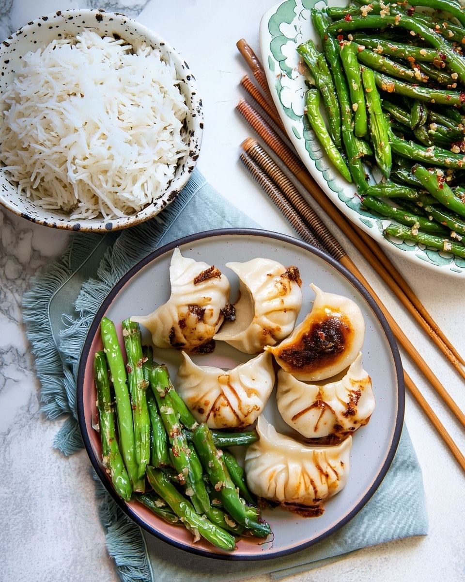 A white bowl filled with fluffy white rice is placed at the top left. Below it, there is a round plate with a dark rim and light brown inside, holding six dumplings arranged in a circle. Each dumpling is pale with a golden-brown seared spot and some chili oil on top. To the left and below the dumplings on the same plate is a serving of green sautéed green beans sprinkled with small bits of garlic and chili flakes. To the top right, part of a white plate with green patterned edges holds more sautéed green beans. Next to this plate are two pairs of brown chopsticks resting diagonally on a white marbled surface with a light blue cloth with frayed edges beneath the dishes photo taken with an iphone --ar 4:5 --v 7