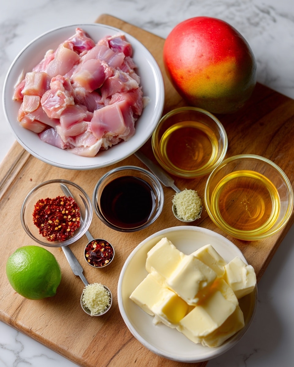 The image shows a white bowl filled with raw, pink chicken pieces on the left side, surrounded by small clear glass bowls containing golden oil, dark soy sauce, and light clear liquid. In the center, there is a ripe mango with shades of red, orange, yellow, and green, next to three cloves of garlic and a shiny green lime. In front of these ingredients are two small measuring spoons holding red chili flakes and minced garlic. On the right, there are three cubes of pale yellow butter placed on a wooden cutting board with a white marbled surface partially visible. Photo taken with an iphone --ar 4:5 --v 7