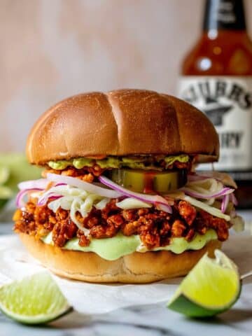 BBQ Tofu Sandwich with Pickled Onions, Creamy Coleslaw, and Avocado Spread Recipe