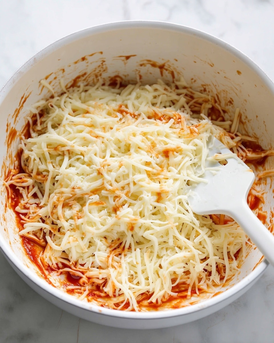 Inside a white pan, there is one visible layer of shredded cheese mixed with a reddish-orange sauce, creating a slightly wet and sticky texture. The cheese is shredded into thin small pieces, and the sauce spreads unevenly over it, giving the mixture a layered look of creamy white and bright reddish spots. To the right side, a white spatula with some sauce on it rests inside the pan. The background is a white marbled texture. Photo taken with an iphone --ar 4:5 --v 7