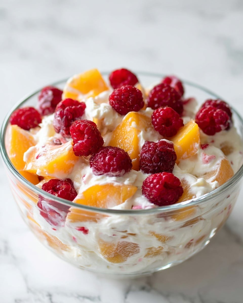 A clear glass bowl filled with a creamy mixed fruit salad showing about two layers of ingredients, the main layer made of light orange peach slices and red raspberries all coated in a thick white creamy dressing with a smooth texture, the bowl sits on a white marbled surface, close-up view showing juicy fruit textures and soft cream blending them together photo taken with an iphone --ar 4:5 --v 7