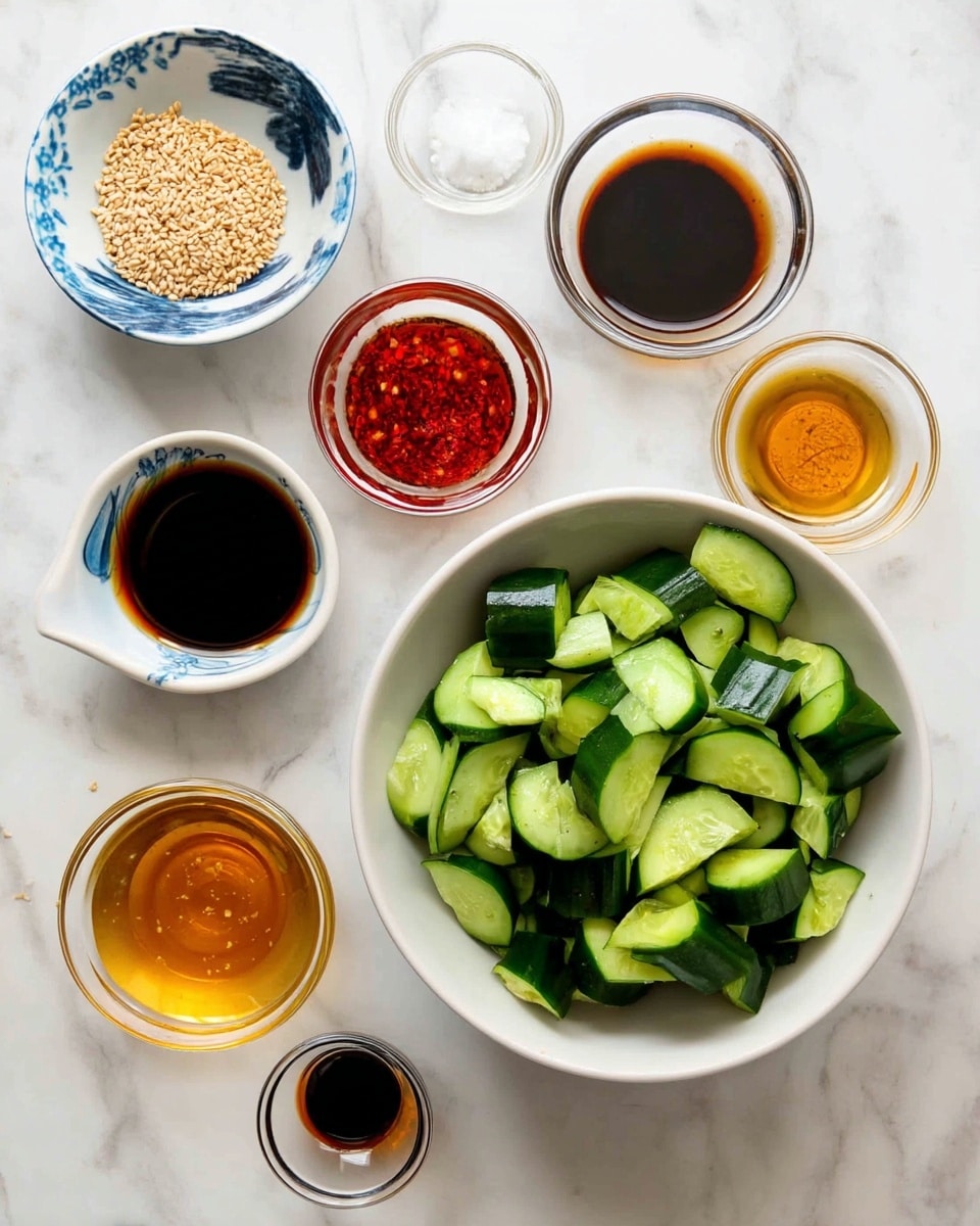 The image shows several small glass bowls and one white bowl with chopped cucumber on a white marbled surface. The white bowl on the right is filled with cut cucumber pieces showing a mix of dark green skin and lighter green inside. Around it, eight small bowls with different ingredients are neatly placed: sesame seeds in a white bowl with blue design at the top left, clear liquid, red chili flakes in oil, white salt, dark soy sauce, light yellow minced garlic, and two other white and amber liquids in glass bowls. The setup is clean and organized, showing ingredients ready for a fresh cucumber salad. Photo taken with an iphone --ar 4:5 --v 7