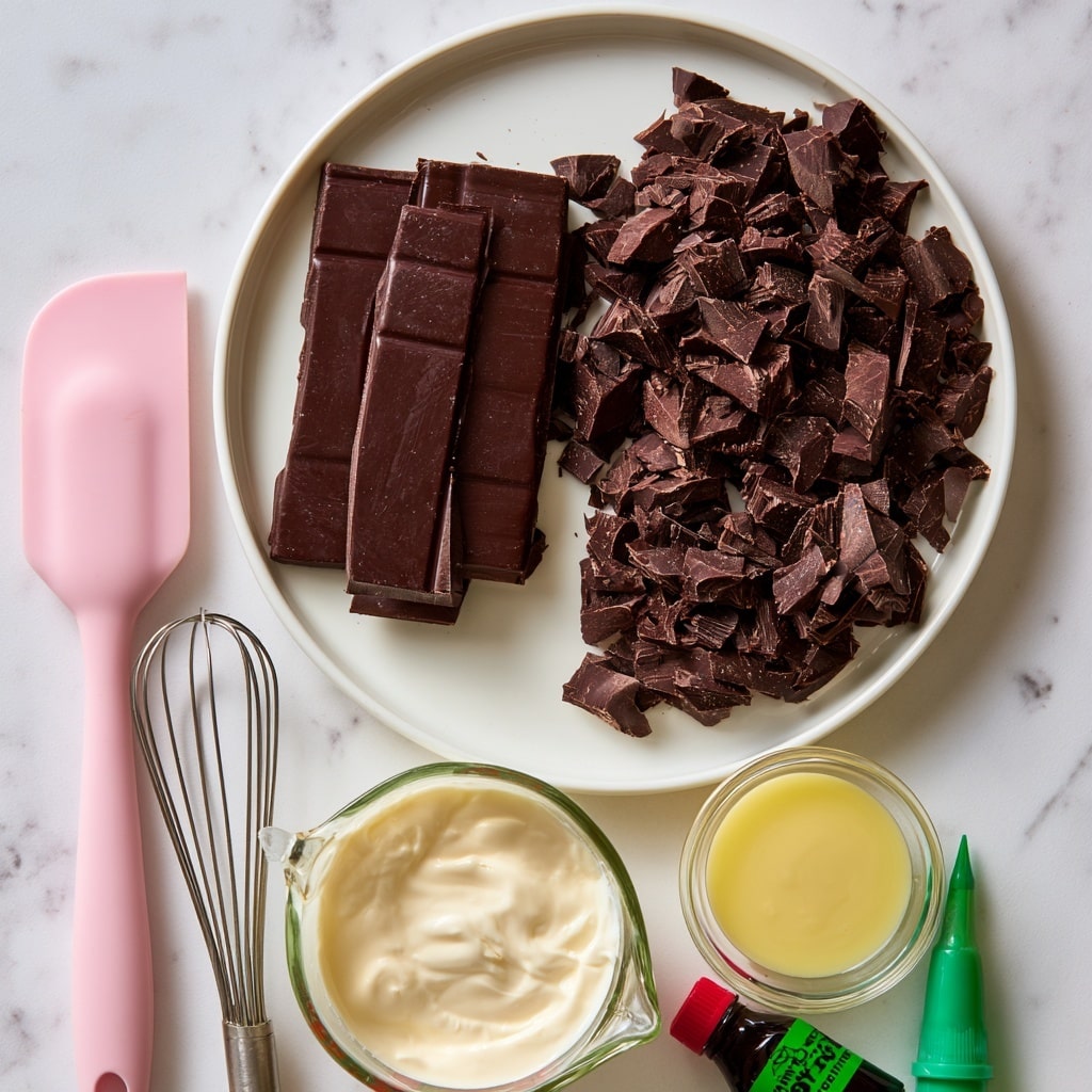 A white plate holds three solid dark brown chocolate bars placed on the left half and a pile of chopped dark chocolate pieces filling the right half, all set on a white marbled surface. To the left of the plate, there is a pink spatula with a smooth rounded head and a metal whisk with thin wires. Below the plate, a glass measuring cup contains creamy white heavy cream, and next to it, a small clear glass bowl holds yellow sweetened condensed milk. Near the bottom right, there is a small dark bottle with a red cap labeled mint extract and beside it, a small green bottle with a pointed tip for green food coloring. The image has soft, even lighting. photo taken with an iphone --ar 4:5 --v 7