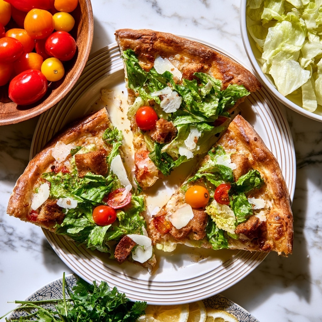 Two slices of pizza on a white plate with thin ridges on the edge, each slice topped with green lettuce, small red and orange cherry tomatoes, croutons, and thin white shavings of cheese. The pizza base is golden brown with a slightly crispy texture. Around the plate, a wooden bowl holds a mix of shiny red, orange, and yellow cherry tomatoes. To one side, there is a white bowl full of pale green lettuce pieces, and near the bottom, some fresh parsley and lemon slices are visible on a patterned plate. The whole scene is set on a white marbled surface. photo taken with an iphone --ar 4:5 --v 7