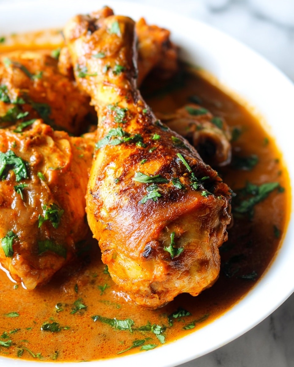 The image shows a close-up of two cooked chicken drumsticks placed closely together in a shallow white bowl. The drumsticks have a rich orange-brown color with a slightly crispy texture on the skin. They are covered in a thick brown sauce that pools around the base inside the bowl. Green chopped herbs are scattered lightly over the chicken and sauce, adding a fresh contrast. The background is a white marbled surface. photo taken with an iphone --ar 4:5 --v 7