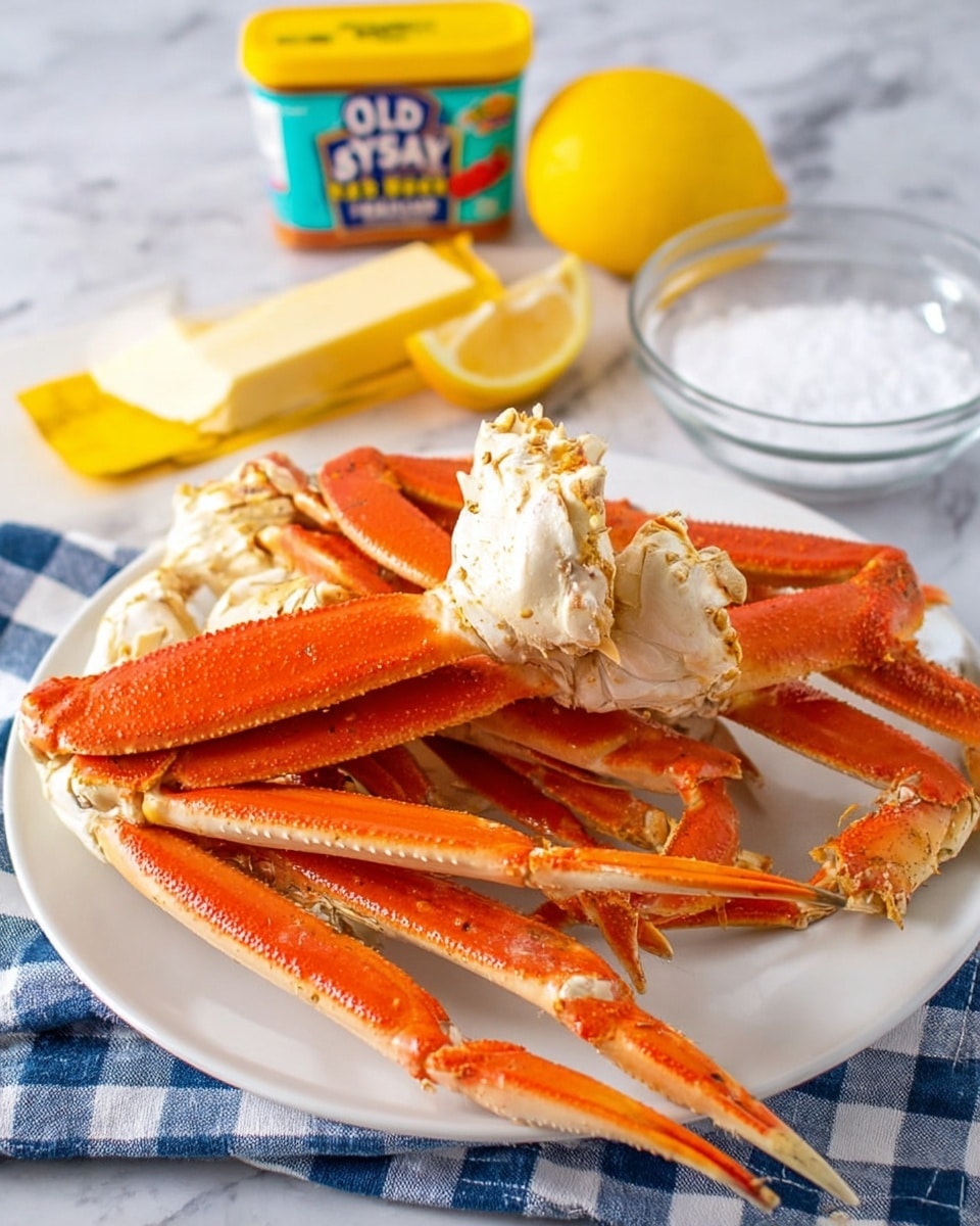The image shows a white plate stacked with bright orange cooked crab legs arranged in a slightly messy pile, with white joints and tips visible. The plate rests on a white marbled surface that has a blue and white checkered cloth underneath it. In the background, there is a container of Old Bay seasoning with a colorful label, a stick of butter wrapped in yellow paper, a whole yellow lemon, and a clear glass bowl filled with white salt. The colors are vibrant and the textures of the crab shells look firm and slightly rough. Photo taken with an iphone --ar 4:5 --v 7
