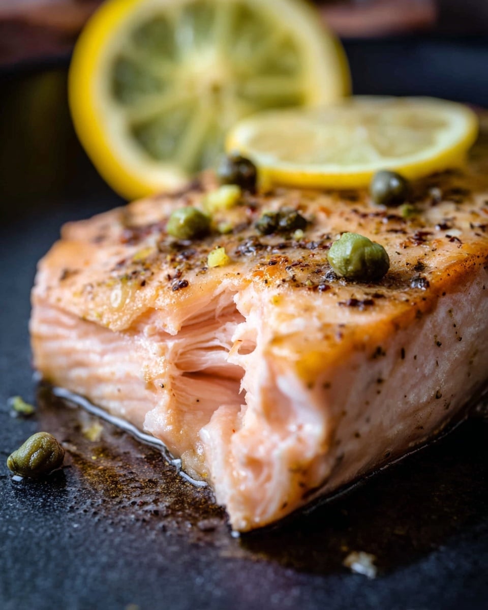 A close-up view of a thick piece of cooked salmon with a slightly browned, seasoned top layer and a moist, light pink interior showing clear, soft layers of fish. Small green capers are scattered on and around the salmon. Behind the fish, a bright yellow lemon slice with faint green accents is placed upright, adding a fresh look. The food rests on a deep dark surface that contrasts with the light colors of the salmon and lemon. photo taken with an iphone --ar 4:5 --v 7