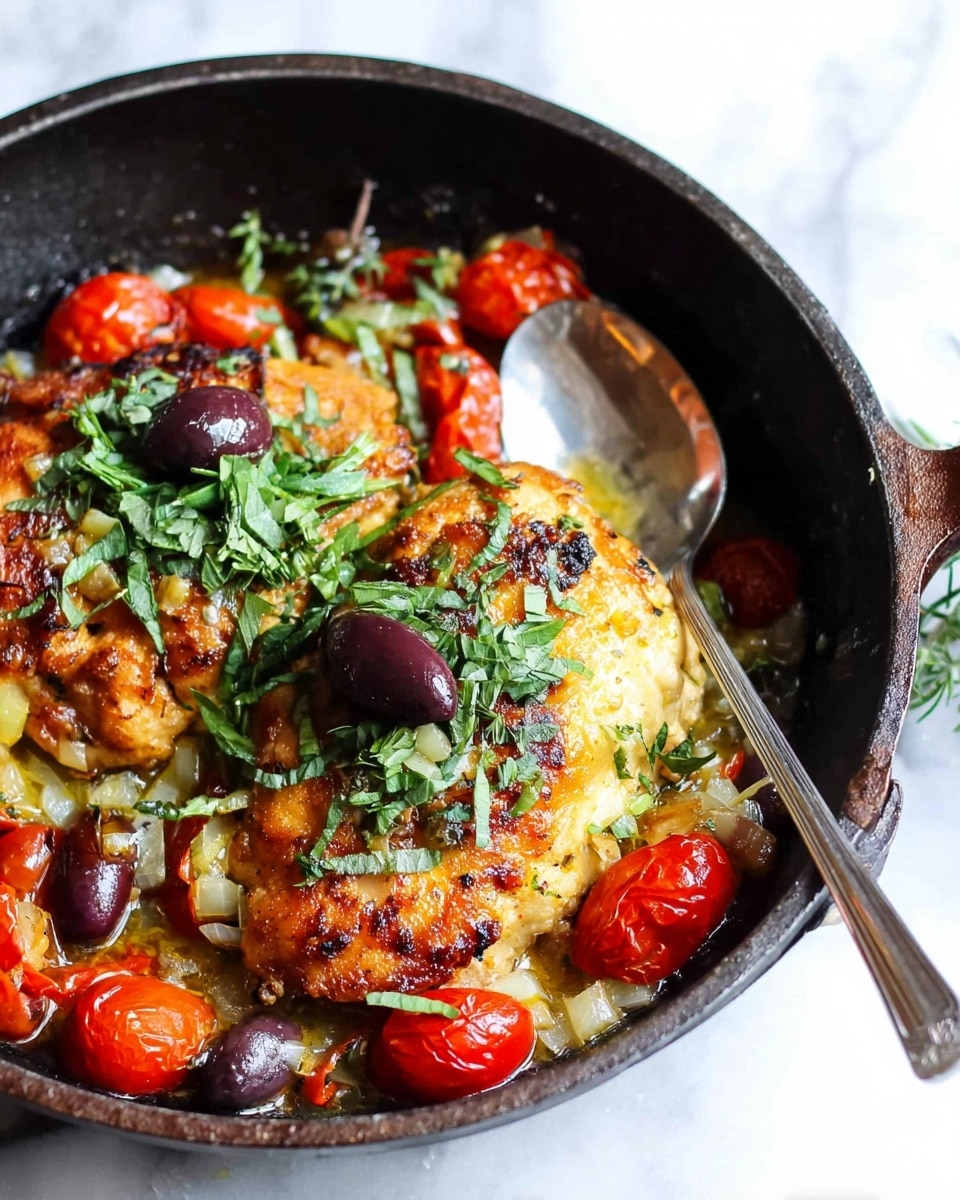 A black cast iron pan filled with two golden brown cooked pieces of chicken placed in the center, topped with chopped fresh green herbs and a dark purple olive on one piece. Around the chicken, small bright red cherry tomato halves, light green chopped vegetables, and several whole dark purple olives are scattered. The chicken sits on a light sauce with visible diced onions and herbs. A silver spoon is positioned resting on the edge of the pan on the right side. The pan is set on a white marbled surface. Photo taken with an iphone --ar 4:5 --v 7