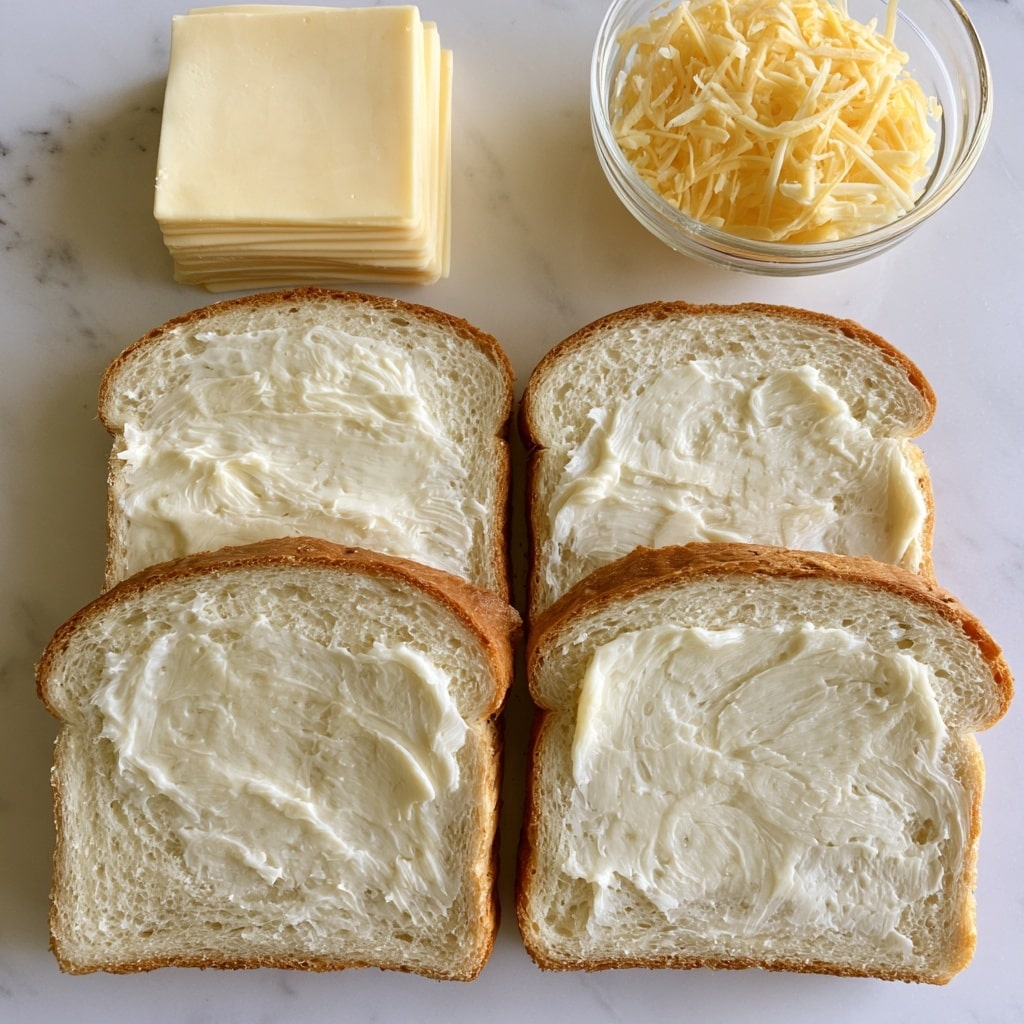 Four slices of white bread are laid out close together, each spread with a smooth, white layer of butter. Above the bread, to the left, is a neat stack of square cheese slices with a light yellow color, and to the right is a small clear bowl filled with shredded yellow cheese. All items are placed on a white marbled surface. Photo taken with an iphone --ar 4:5 --v 7