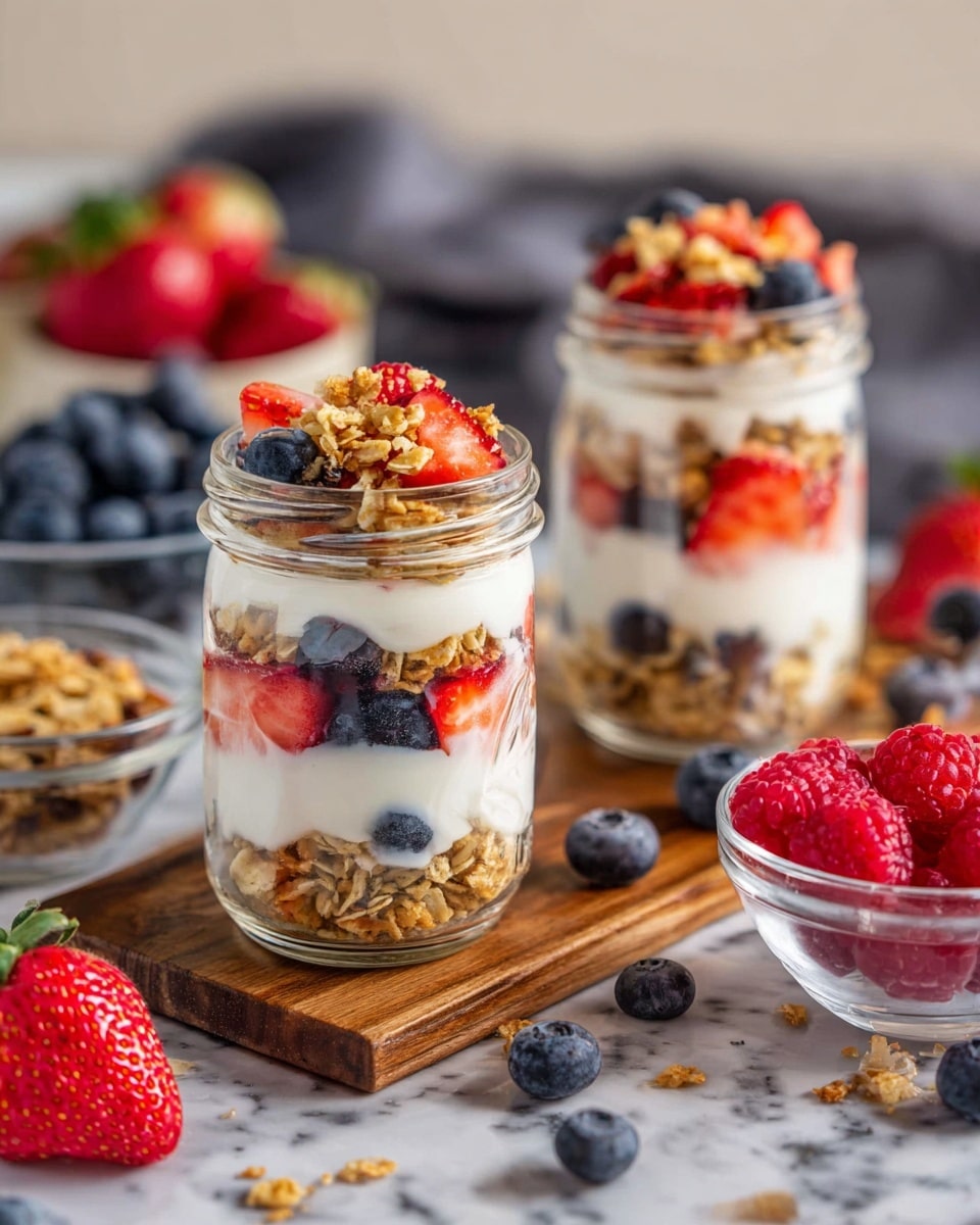 Two clear glass jars sit on a wooden board against a white marbled background, each filled with four visible layers: the bottom layer is white yogurt with small blueberries, the second layer is bright red strawberries and more blueberries, the third layer is crunchy light brown granola, and the top layer is white yogurt, garnished with granola and a mix of red raspberries, blueberries, and strawberry slices. Around the jars are fresh red strawberries, a glass bowl of blueberries, and a glass bowl of raspberries. The scene shows a cozy, fresh breakfast setup with a soft gray cloth in the background. Photo taken with an iphone --ar 4:5 --v 7