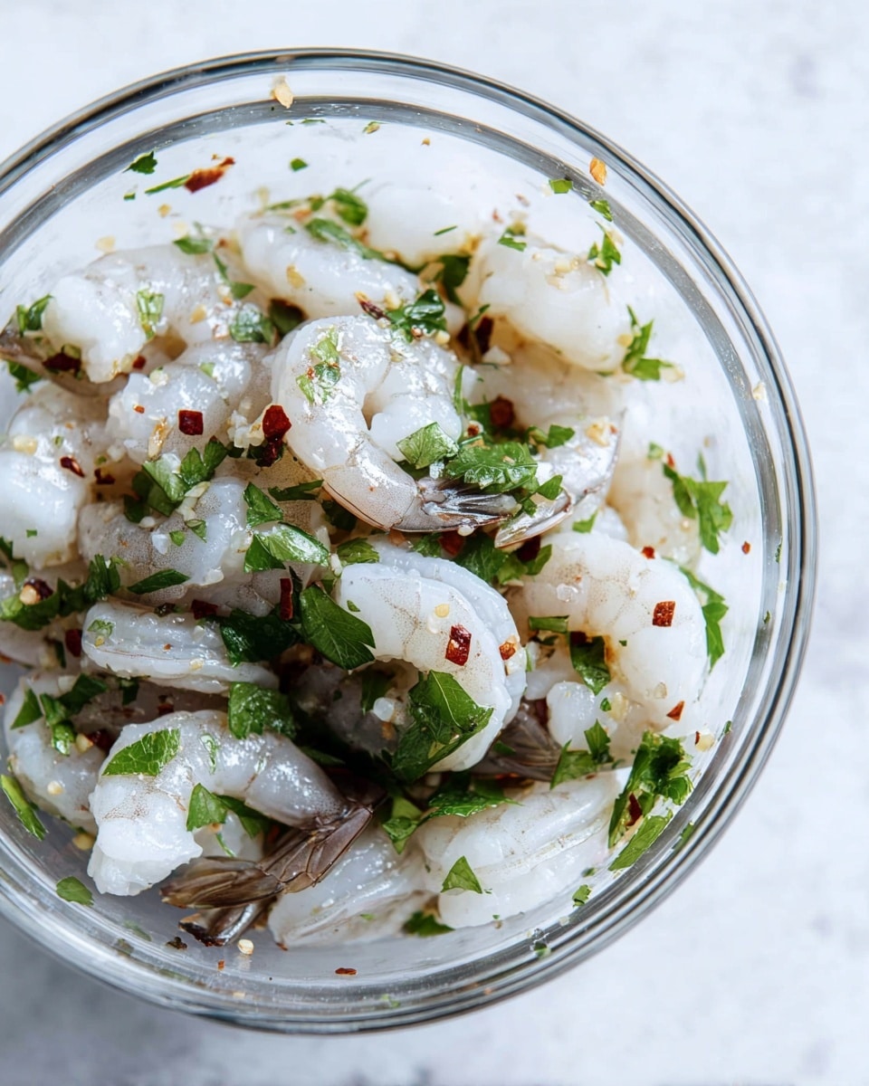 The image shows a clear glass bowl filled with raw shrimp that have a translucent white color with slight gray tones. The shrimp pieces are scattered throughout, mixed with small green parsley leaves and tiny red chili flakes sprinkled around. The shrimp tails are brown and the bowl sits on a white marbled textured surface. The overall composition highlights the fresh and clean look of the shrimp marinade. photo taken with an iphone --ar 4:5 --v 7