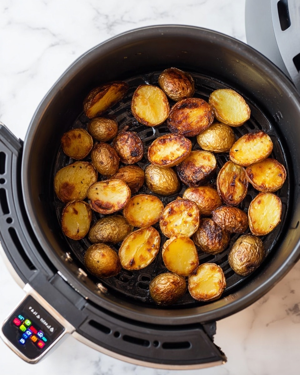 Inside a black air fryer basket, there are about 24 golden-brown roasted potato halves with slightly crispy, browned skins and soft yellow insides. The potatoes are spread in a single layer, filling most of the round basket, which has a grid pattern at the base. The air fryer dial with colorful settings is visible on the left side of the image, showing details of the machine's front. The whole setup is placed on a white marbled surface. Photo taken with an iphone --ar 4:5 --v 7