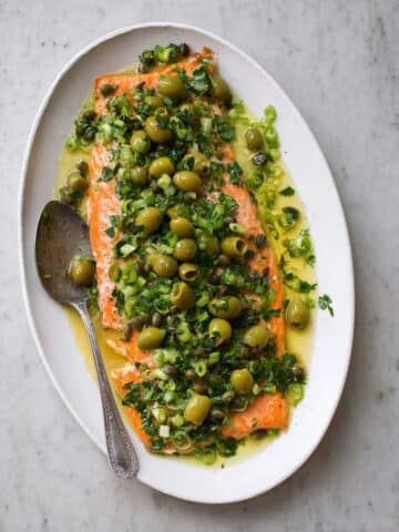 Slow-Roasted Salmon with Green Olive Salsa Verde Recipe