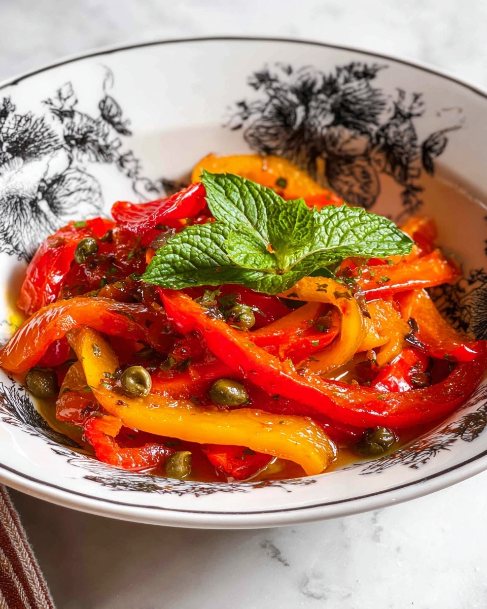 The image shows a colorful dish served in a white bowl with a black floral design on the edges. The dish has several layers, starting with the base of glossy red and yellow roasted bell pepper strips that have a slightly wrinkled texture. There are small green capers sprinkled throughout the peppers, adding depth to the mix. Fresh green mint leaves are placed on top as a garnish, giving a fresh contrast against the warm colors of the peppers. The bowl is placed on a white marbled surface, enhancing the bright colors of the dish. photo taken with an iphone --ar 4:5 --v 7