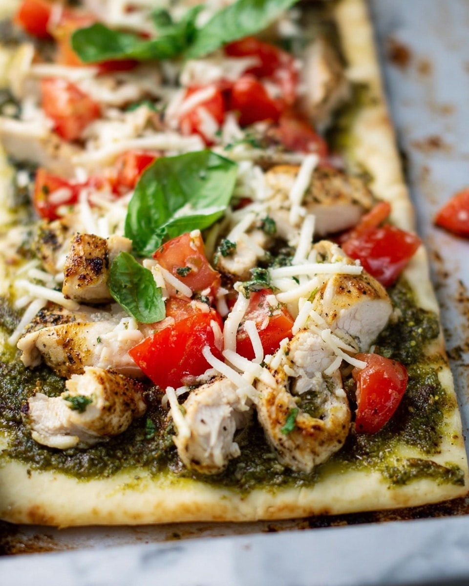 The image shows a flat, rectangular pizza crust spread with a layer of green pesto sauce. On top of the pesto, there are pieces of grilled chicken that are golden brown with visible seasoning, and chunks of fresh red tomato scattered evenly. Shredded white cheese is sprinkled over the chicken and tomatoes, with a few green basil leaves adding color and freshness. The pizza rests on a baking tray with a white marbled surface underneath. Photo taken with an iphone --ar 4:5 --v 7