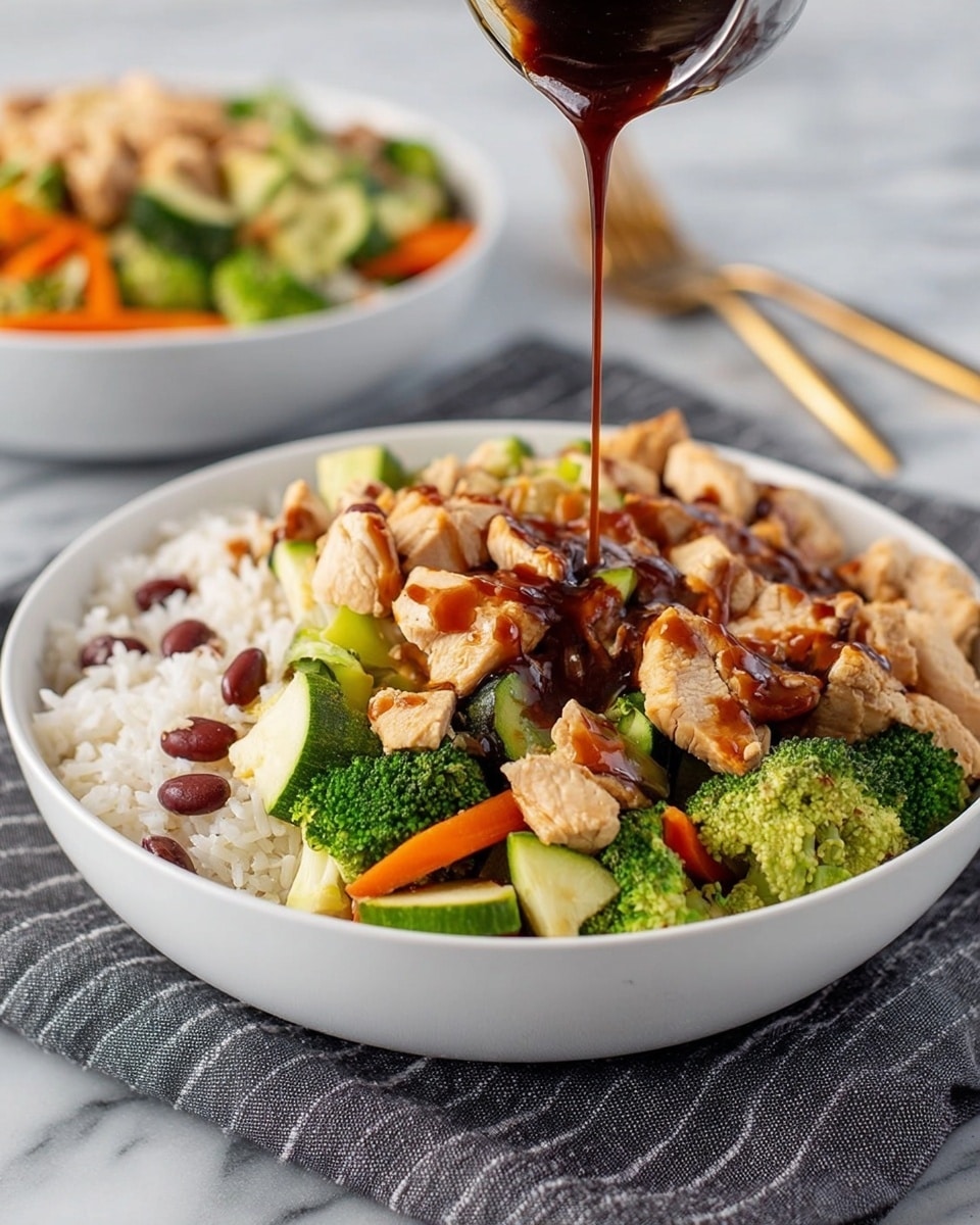 A white bowl is filled with three visible layers. The bottom layer is white rice with some small red beans mixed in, showing a soft texture. The middle layer consists of mixed vegetables including bright green broccoli florets, light green celery slices, thin orange carrot strips, and green zucchini pieces, all with a fresh, crisp look. The top layer has chopped cooked chicken pieces that are light brown and slightly textured. A dark glossy sauce is being poured over the chicken from above, creating a shiny coating on the top layer. The bowl is placed on a gray striped cloth on a white marbled surface, with a gold fork nearby and another similar bowl blurred in the background. Photo taken with an iphone --ar 4:5 --v 7