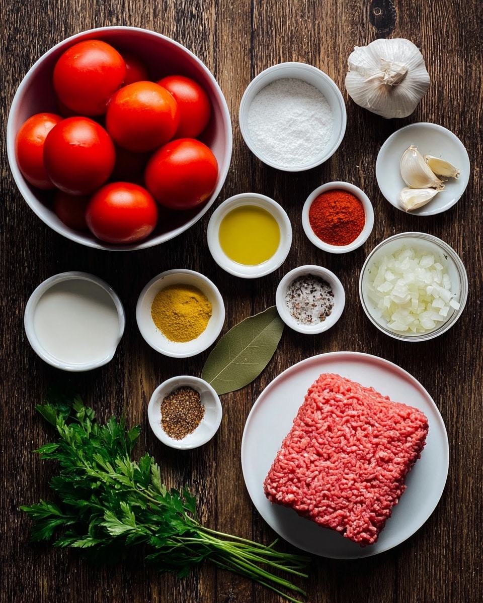 The image shows ingredients neatly arranged on a dark wooden surface, including a white bowl filled with five bright red tomatoes, and a white plate holding a rectangular piece of raw ground meat with a pink and red texture. Around them are small white bowls containing yellow mustard, two shades of red spices, milk, finely chopped white onions, olive oil, black pepper, and salt. There are also small white dishes with garlic cloves and a few whole garlic bulbs placed beside a single green bay leaf. Fresh green parsley with curly leaves lies on the right side of the setup. The background is changed to a white marbled texture. photo taken with an iphone --ar 4:5 --v 7