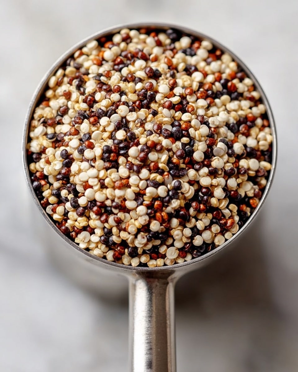 A close-up image of a metal measuring cup filled to the top with mixed quinoa seeds. The quinoa has three main colors: white, reddish-brown, and black, evenly mixed together. The surface below the cup is a white marbled texture, softly blurred to keep focus on the quinoa. The metal measuring cup looks clean and shiny, with a simple handle partly visible. Photo taken with an iphone --ar 4:5 --v 7
