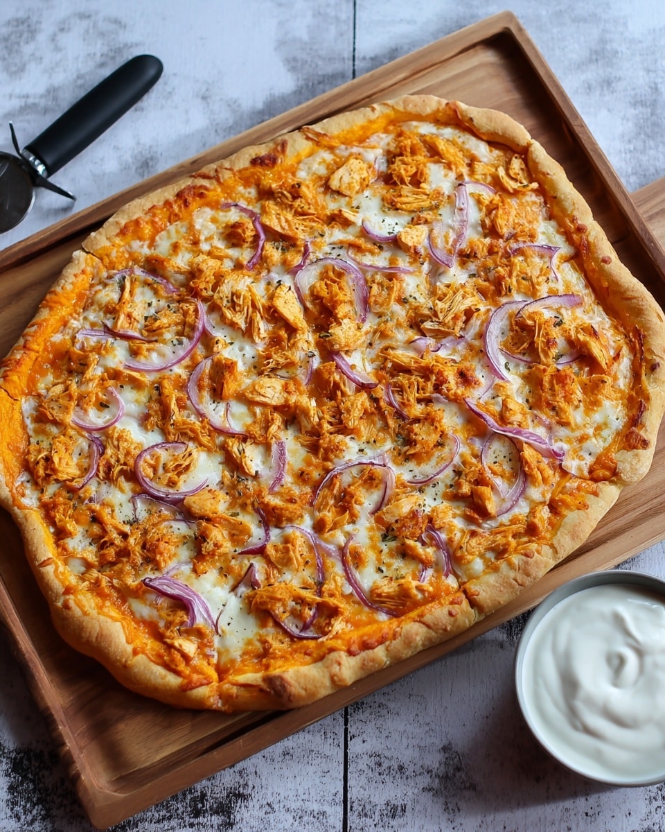 A pizza with two main layers on a golden brown, thick edge crust base, topped with an even spread of bright orange sauce that covers the entire surface. The second layer has scattered chunks of shredded light orange chicken pieces mixed with thin curved slices of purple-red onion spread evenly over the pizza. There are also small patches of melted white cheese with some light brown spots from baking scattered among the chicken and onions. The pizza sits on a wooden cutting board placed on a white marbled surface, with a white bowl of creamy white dipping sauce on the right side and a black-handled pizza cutter on the left side. Photo taken with an iphone --ar 4:5 --v 7