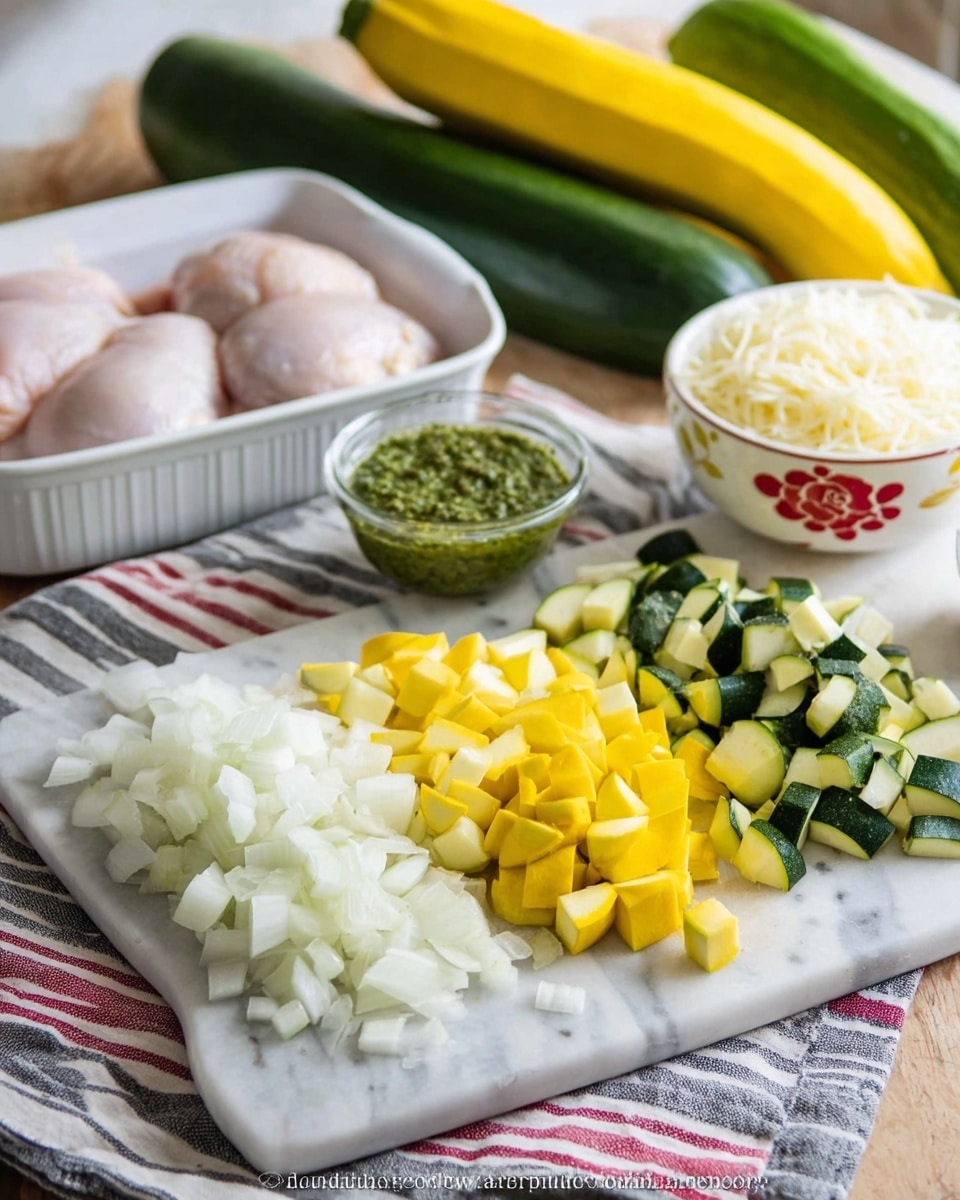 The image shows a white marbled cutting board with three piles of chopped vegetables arranged in a row: white onion pieces on the left, bright yellow squash pieces in the middle, and dark green zucchini pieces on the right. To the right of the cutting board is a small glass bowl filled with green pesto sauce. Behind the cutting board is a white baking dish containing two raw chicken pieces. To the left, there is a white bowl with red floral designs filled with shredded mozzarella cheese. The background features whole zucchinis and yellow squash resting on a folded cloth with red and gray stripes, all on a white marbled surface. photo taken with an iphone --ar 4:5 --v 7
