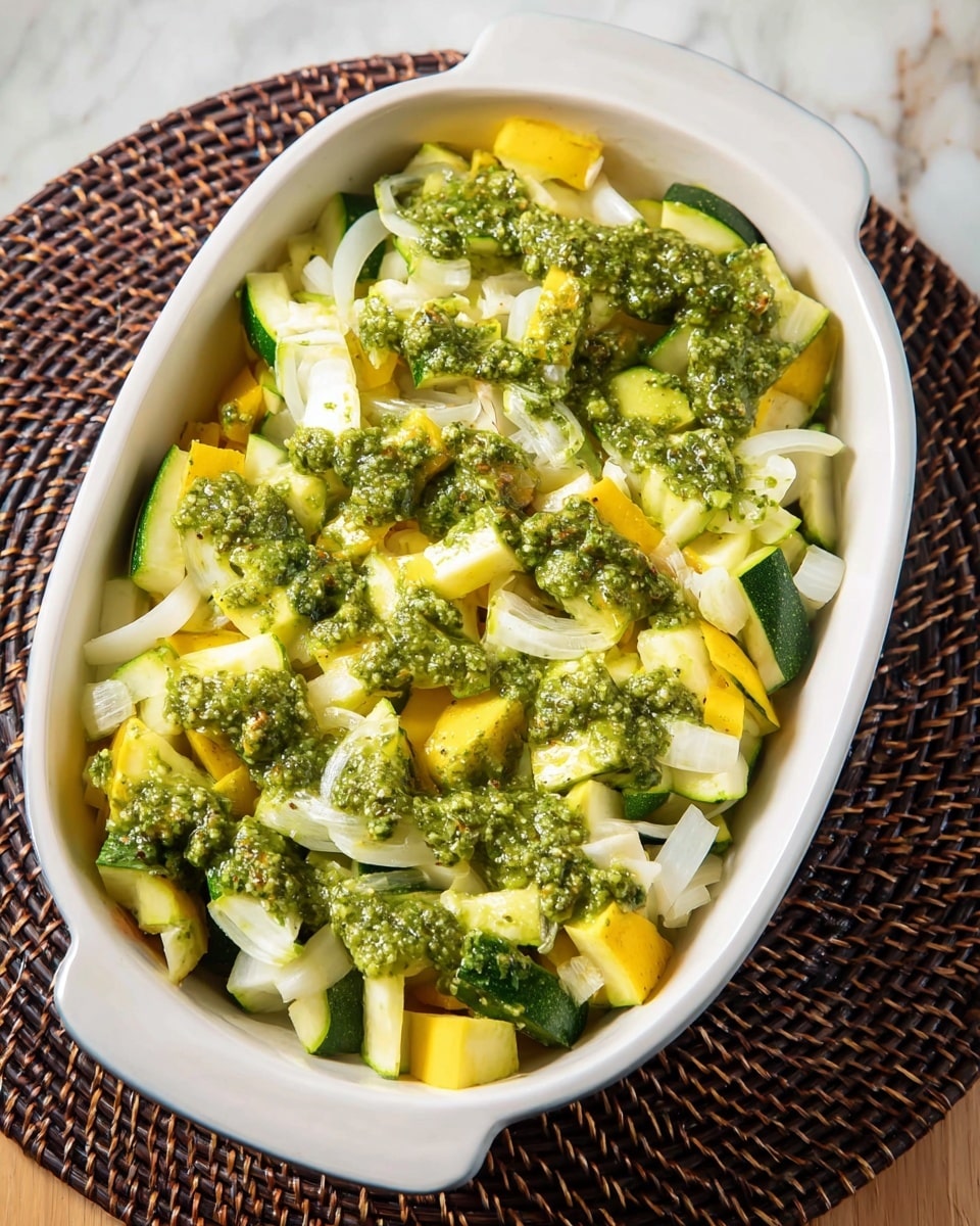 A white oval dish shows a mix of chopped vegetables with three visible layers: at the bottom are white onion pieces in chunky strips, above them are yellow squash and green zucchini pieces cut into big chunks, and the top layer is a spread of bright green pesto sauce, unevenly drizzled across the vegetables, giving a textured look. The dish rests on a dark woven placemat over a white marbled texture. Photo taken with an iphone --ar 4:5 --v 7