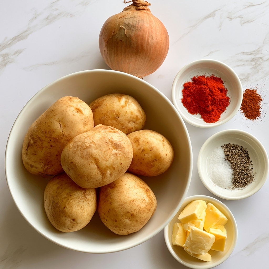 The image shows a white bowl filled with five russet potatoes, light brown with a rough texture. Above the bowl is a medium-sized onion with a brownish peel. To the right of the onion are two small white dishes, one with bright red paprika powder and the other with a small amount of reddish-brown cayenne pepper. Below and to the right are two more small white dishes; one contains yellow butter cut into cubes, and the other has black pepper and salt. The items are arranged on a white marbled surface, giving a clean and bright look. Photo taken with an iphone --ar 4:5 --v 7