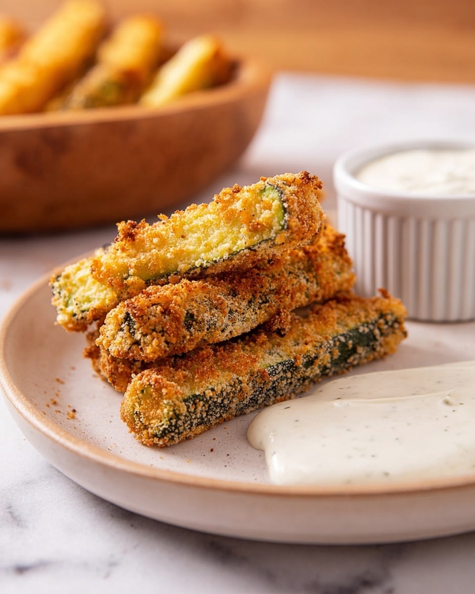 Three crispy fried zucchini sticks sit stacked near the center of a white plate, showing a golden-brown, crumbly breading with flecks of green from the zucchini skin visible underneath. To the right is a smooth, creamy white dipping sauce spread in a small puddle. The plate rests on a white marbled surface, with a slightly blurred background of a wooden basket full of golden fried sticks and a white ramekin. The lighting highlights the crunchy texture of the sticks, making them look warm and crispy. Photo taken with an iphone --ar 4:5 --v 7
