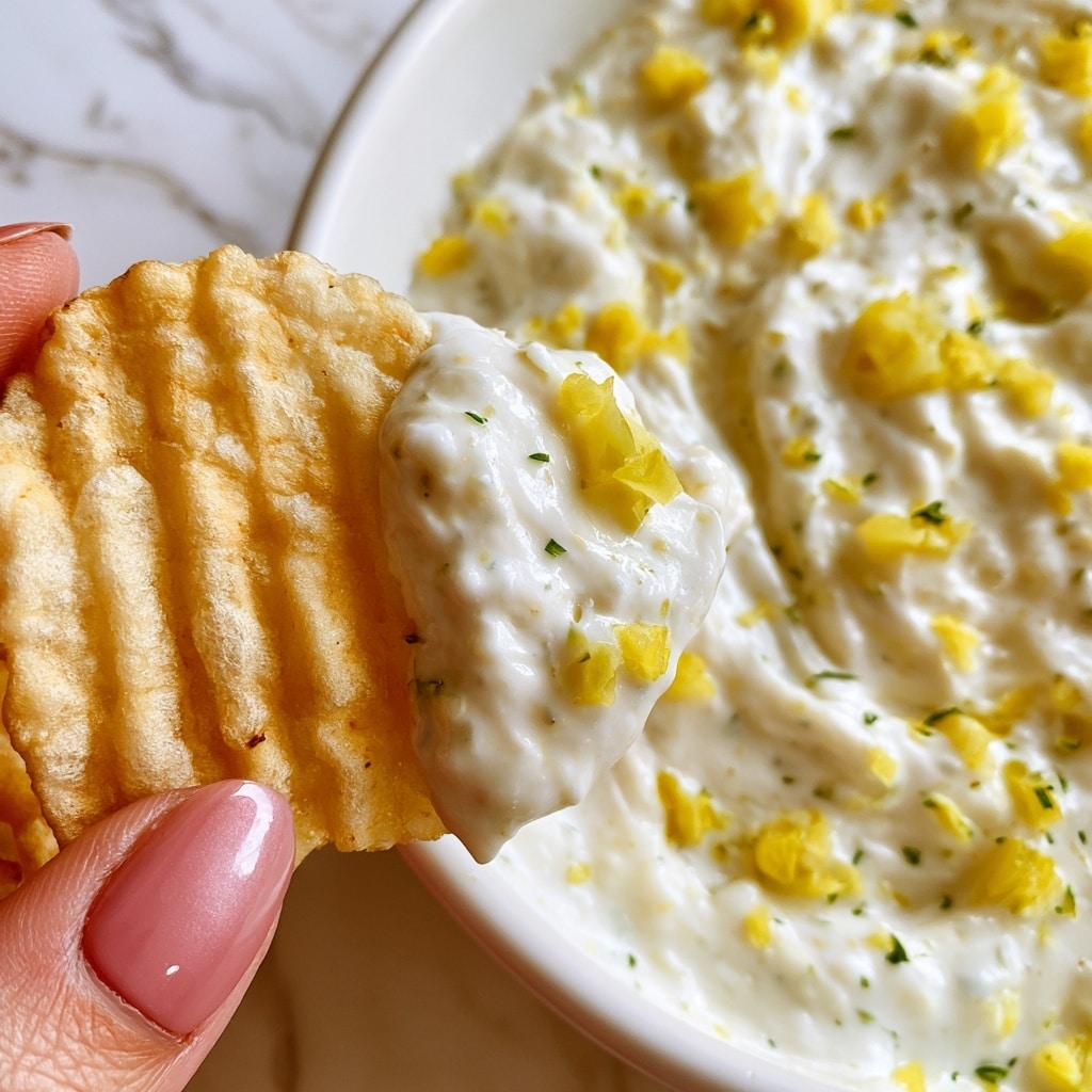 A ruffled potato chip is shown partially dipped into a creamy white dip filled with small bits of bright yellow pickles and tiny green herb flakes. The dip looks thick and smooth with a slightly chunky texture from the pickle pieces. The chip is held by a woman's hand with shiny pink nail polish. The background includes a white marbled surface under a white bowl holding the dip, contrasting with the vivid colors of the dip and chip. photo taken with an iphone --ar 4:5 --v 7