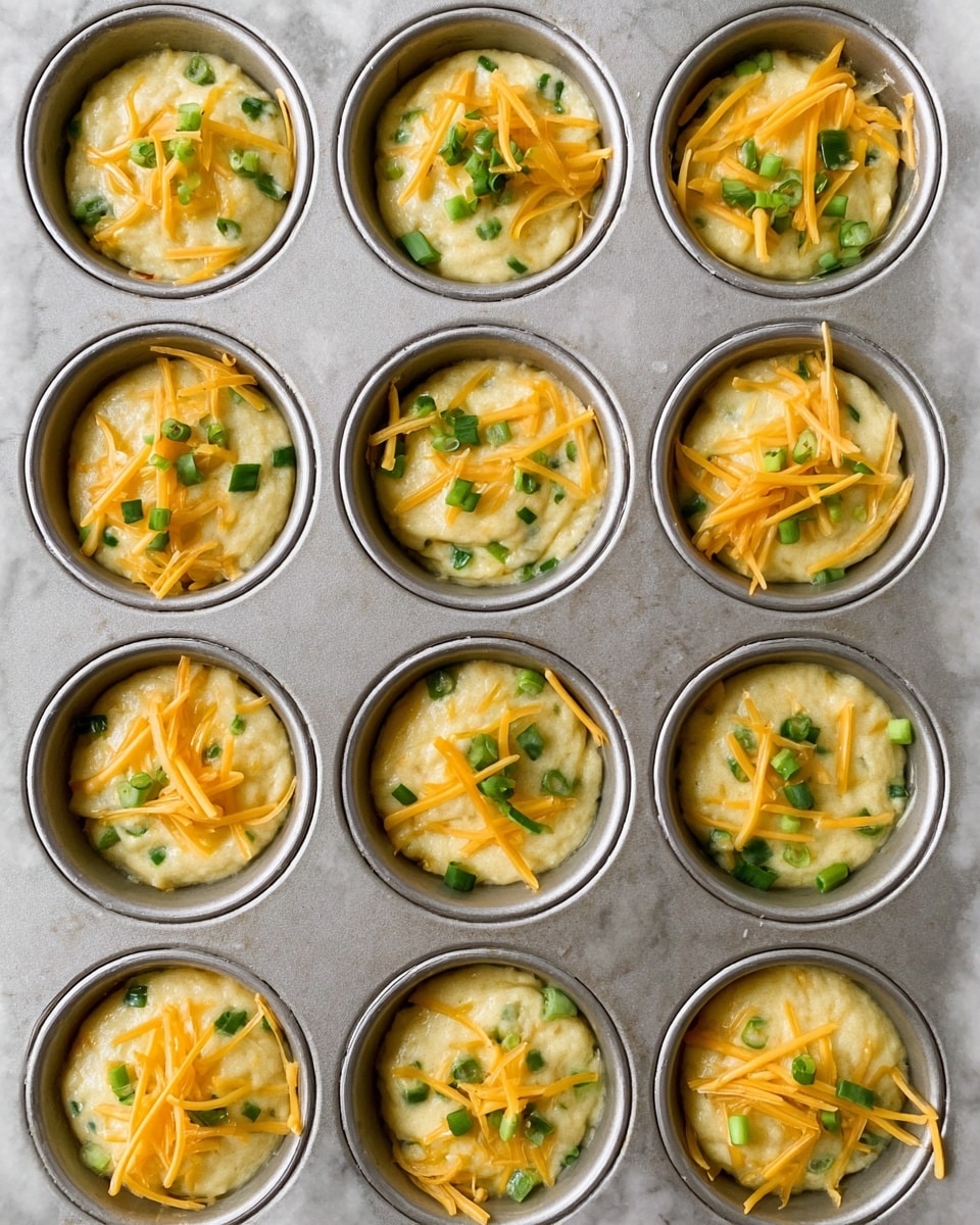 A close-up top view of a metal muffin tin with 12 cups filled with pale yellow muffin batter that contains small green vegetable pieces inside each cup. On top of the batter in every cup are thin strips of orange-yellow cheese and small pieces of green vegetables scattered across. The muffin cups have a slightly glossy and smooth texture showing the batter before baking. The muffin tin sits on a white marbled surface. photo taken with an iphone --ar 4:5 --v 7