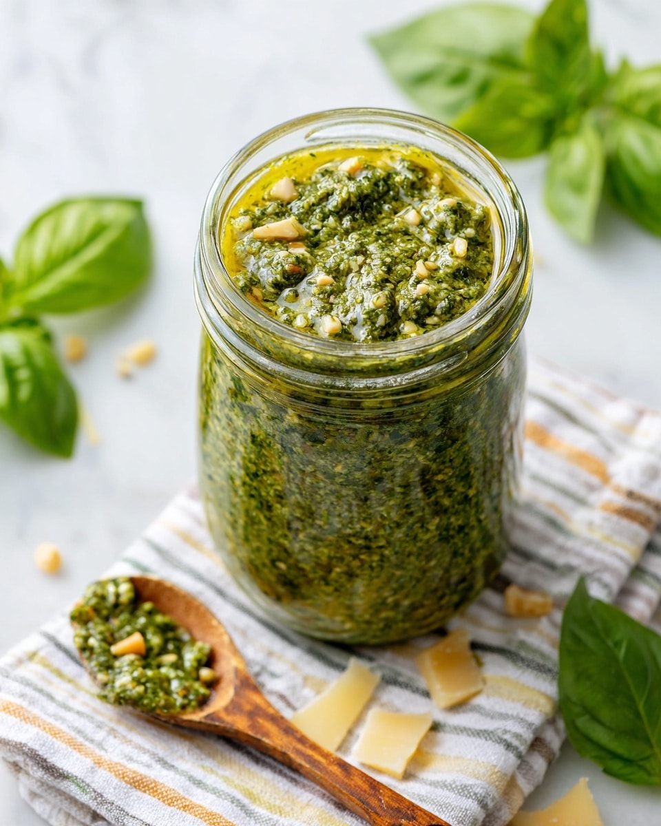 A glass jar filled with coarse green pesto sauce is open at the top, showing the oily texture and bits of herbs and nuts inside. The jar sits on a colorful striped white napkin, which rests on a white marbled surface. Around the jar are a few fresh green basil leaves and scattered pieces of pale yellow cheese. A wooden spoon with some pesto on it lies in front of the jar. The scene is brightly lit and fresh. Photo taken with an iphone --ar 4:5 --v 7