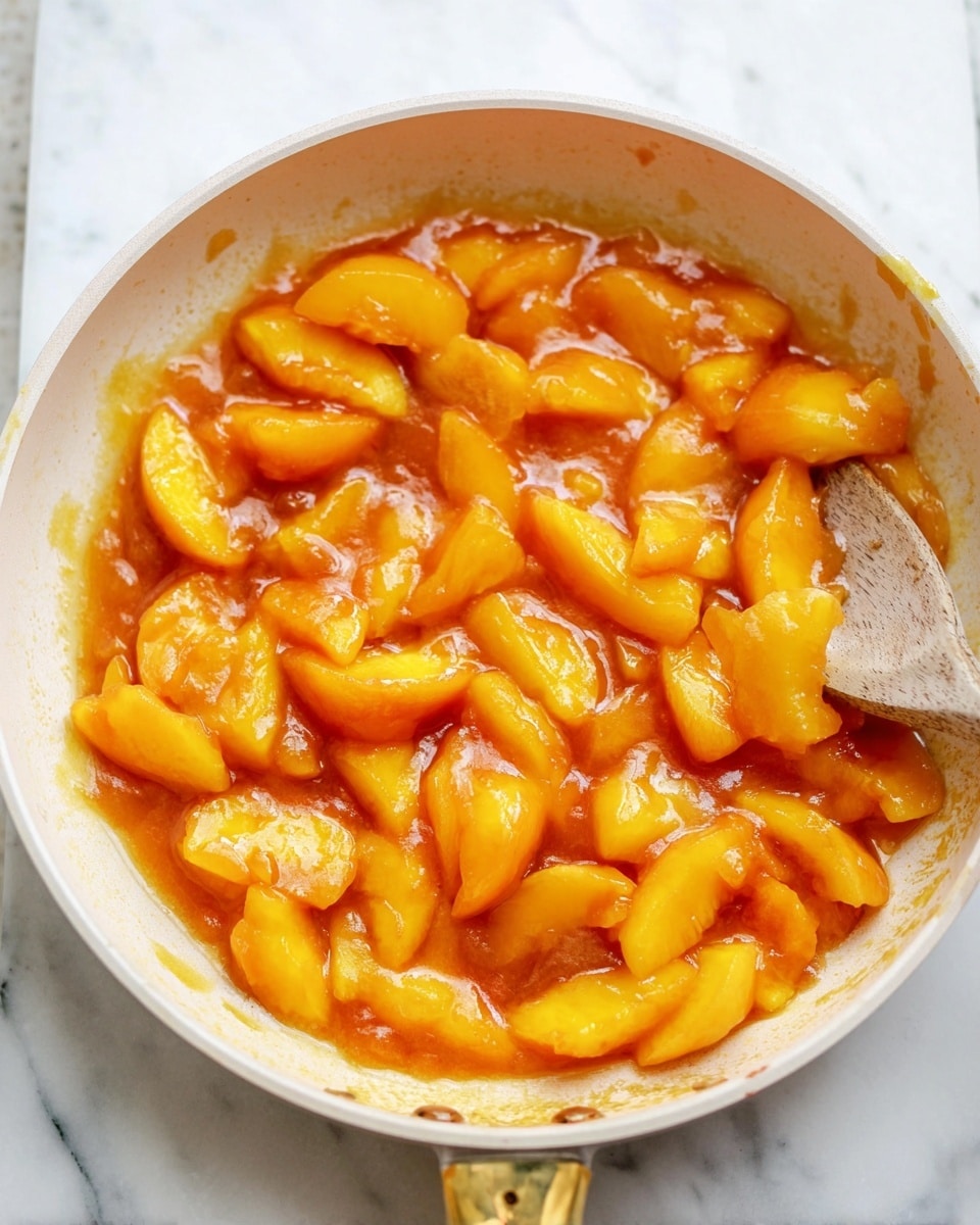 The image shows a close-up of a white frying pan filled with a cooked mixture of cut peaches. The peach pieces are soft and glossy, sitting in a thick, syrupy, orange-yellow sauce. The pan is slightly stained with the sauce around the edges. The handle of the pan is beige with an open hole at the end. The pan rests on a white marbled surface. photo taken with an iphone --ar 4:5 --v 7