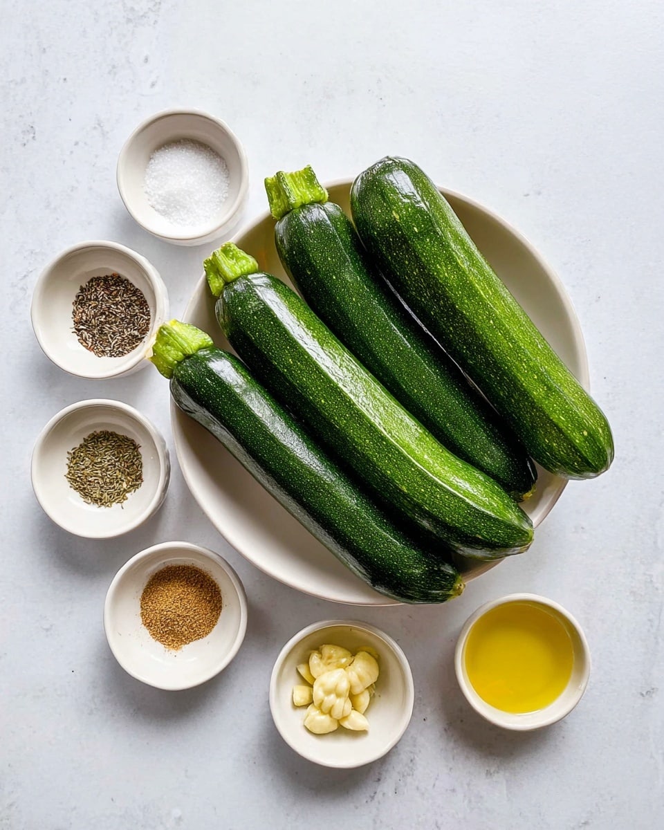 The image shows a white bowl filled with four whole zucchinis, each with a shiny dark green skin and fresh green stems, sitting on a white marbled surface. Around the bowl are six small white bowls with different contents: from left to right, the top row has coarse salt (white and flaky), ground black pepper (dark and speckled), and minced garlic (pale yellow and granular). The bottom row has dried herbs (dark brown flakes), golden olive oil, and a light brown powdered spice. The arrangement is clean and well-lit, with a simple and fresh look. Photo taken with an iphone --ar 4:5 --v 7