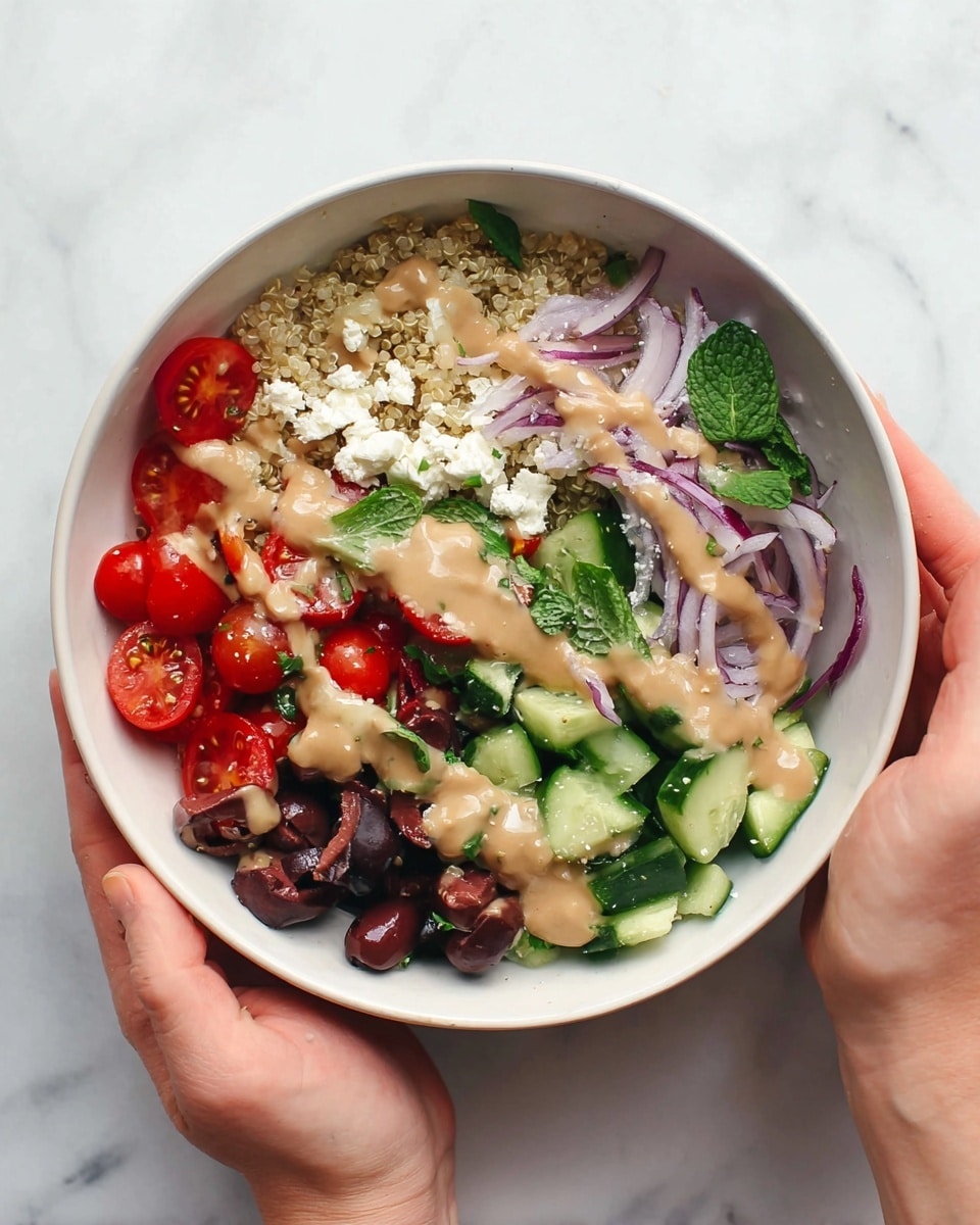 A white bowl is held by two woman's hands, filled with a colorful layered salad. The bottom layer looks like quinoa, light beige and grainy. On top of that, there's a mix of thinly sliced pale purple onions covering the right side of the bowl and fresh dark green mint leaves scattered near the top. Bright red cherry tomatoes, sliced in halves, sit mainly on the left and upper center. Small cucumber pieces, green with a fresh crisp look, fill the bottom right area. Black sliced olives are placed near the center of the bowl. White crumbled cheese pieces are on the left side. Everything is drizzled with a creamy light brown dressing, slightly thick with a smooth texture. The background surface is a white marbled texture. Photo taken with an iphone --ar 4:5 --v 7