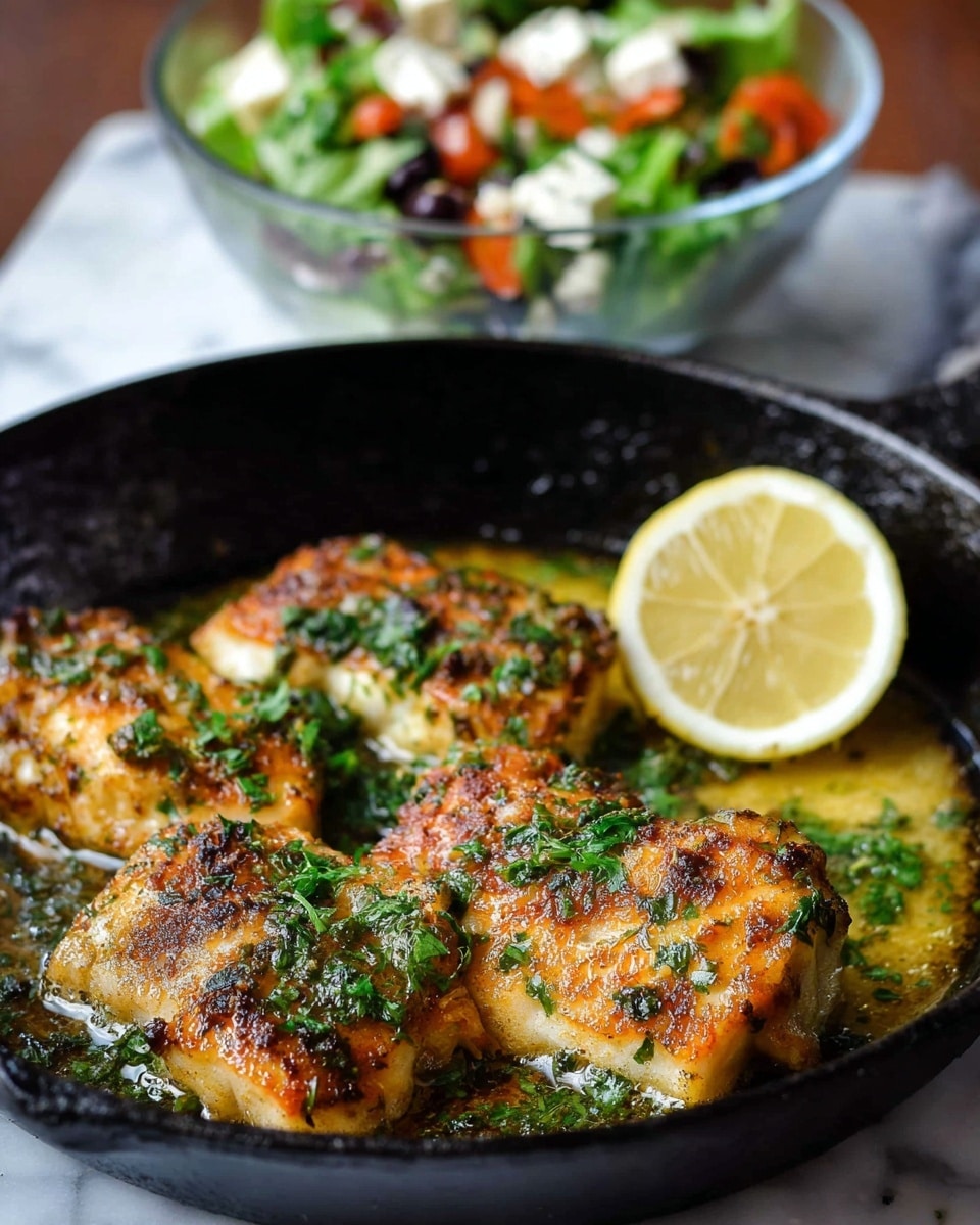 The image shows five pieces of golden-brown cooked fish in a black pan with a layer of melted cheese on top, creating a crispy and bubbly texture. The fish pieces are white with a flaky texture underneath the cheese. They are garnished with chopped green herbs, scattered across the fish and sauce in the pan. Around the fish, there is a layer of oily, yellow garlic sauce with visible small garlic bits and some red chili flakes sprinkled lightly. In the lower left corner, there is a half-cut lemon with a pale yellow interior. The background has a white marbled texture. Photo taken with an iphone --ar 4:5 --v 7