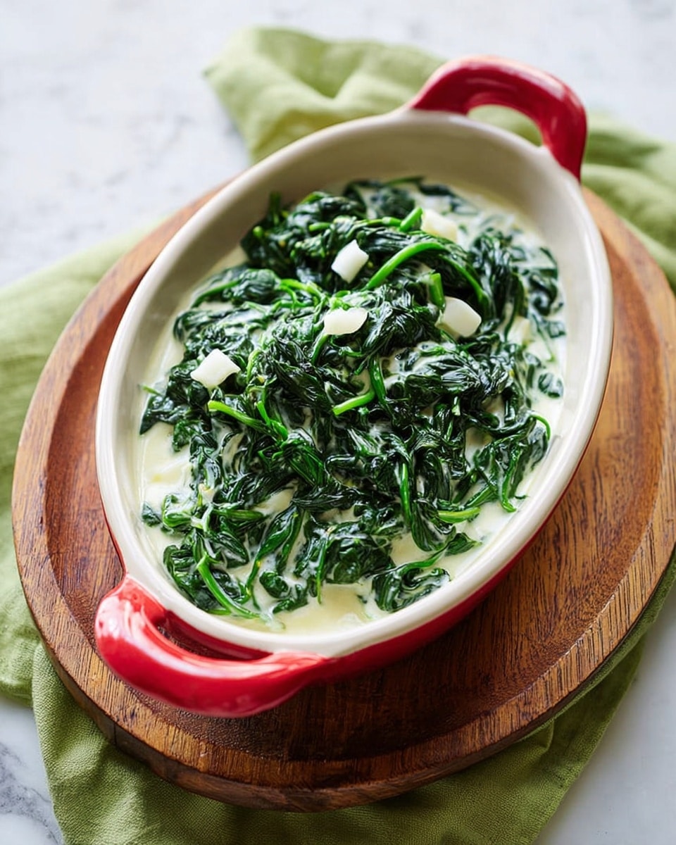 The image shows cooked dark green spinach with a creamy white sauce. The spinach leaves look soft and shiny, mixed closely with the smooth sauce. This mix is inside a white dish with a red handle, and a silver utensil is lifting some of the spinach and sauce from the dish. The surface beneath the dish has a white marbled texture. The focus is close up on the spinach, highlighting its fresh texture and creaminess photo taken with an iphone --ar 4:5 --v 7