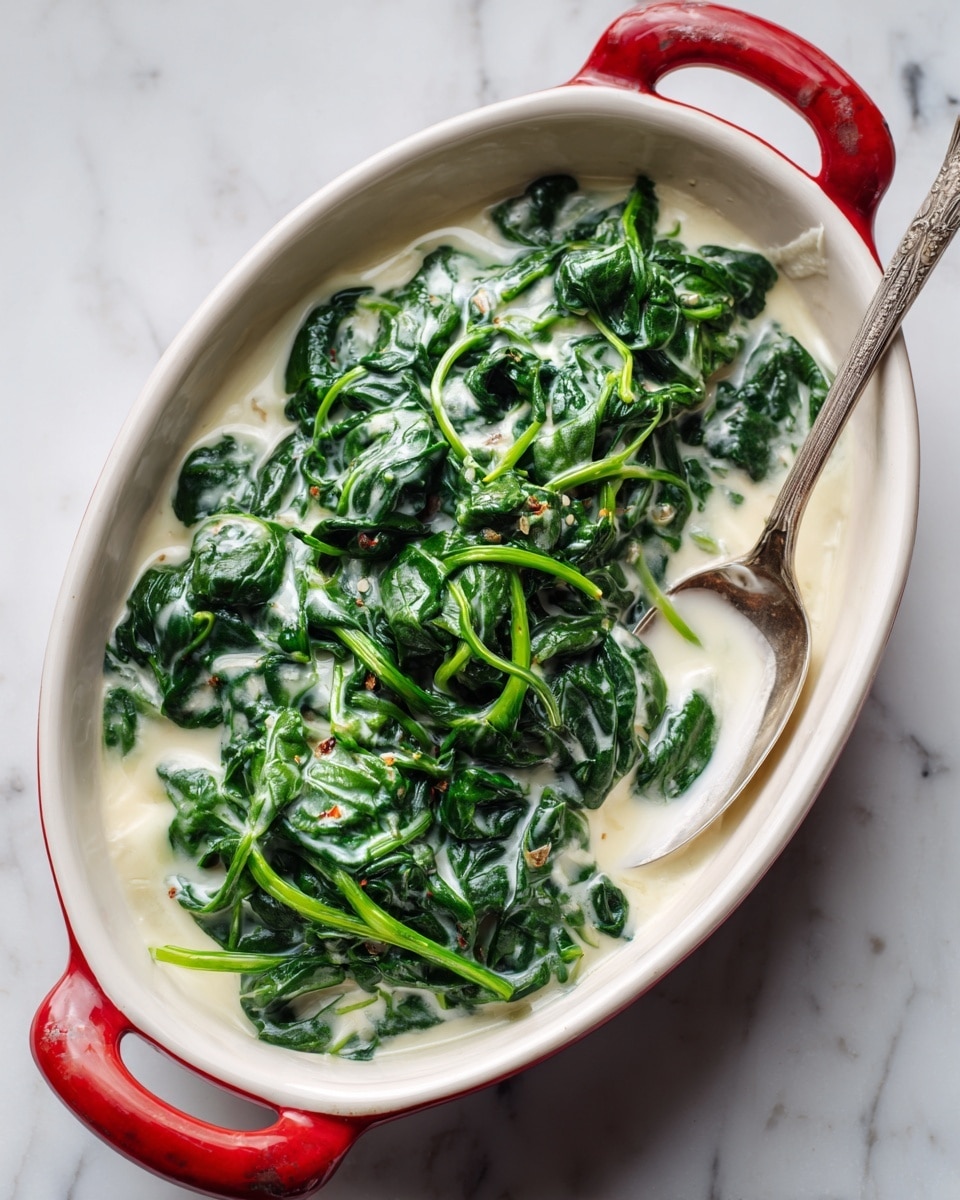 A white oval dish with red handles holds cooked spinach in a creamy white sauce. The spinach is dark green, soft, and shiny, piled thickly on one side with a small amount of creamy sauce pooling beneath it. A silver spoon is partially submerged in the spinach and cream, positioned on the right side of the dish. The background is a white marbled surface. Photo taken with an iphone --ar 4:5 --v 7