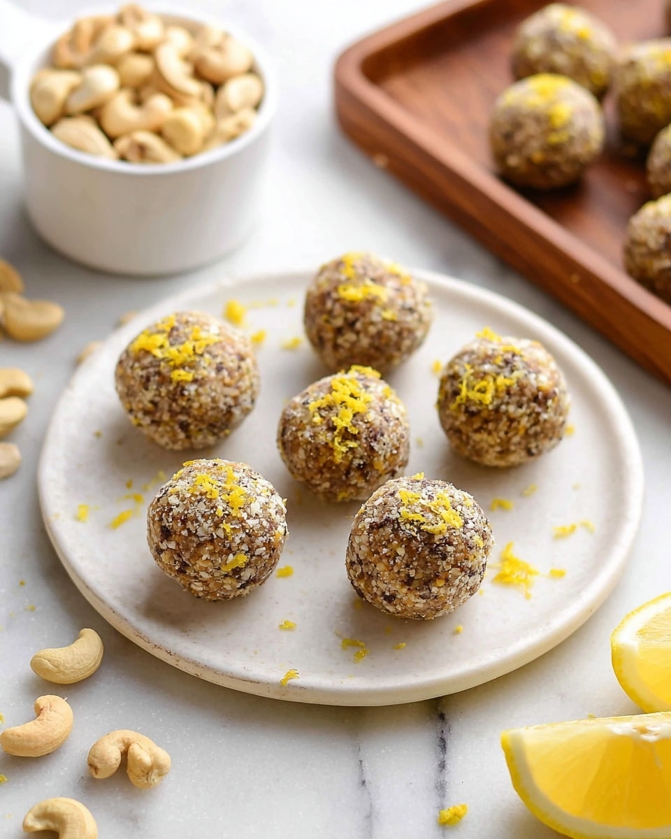 The image shows a white plate with six round energy balls placed on it, each ball textured with bits of nuts and seeds and sprinkled with yellow lemon zest on top. Behind the plate, there is a white measuring cup filled with cashew nuts and some scattered cashews around it. Part of a wooden tray with more energy balls is visible in the background. The surface is a white marbled texture with some lemon wedges at the bottom right corner. photo taken with an iphone --ar 4:5 --v 7