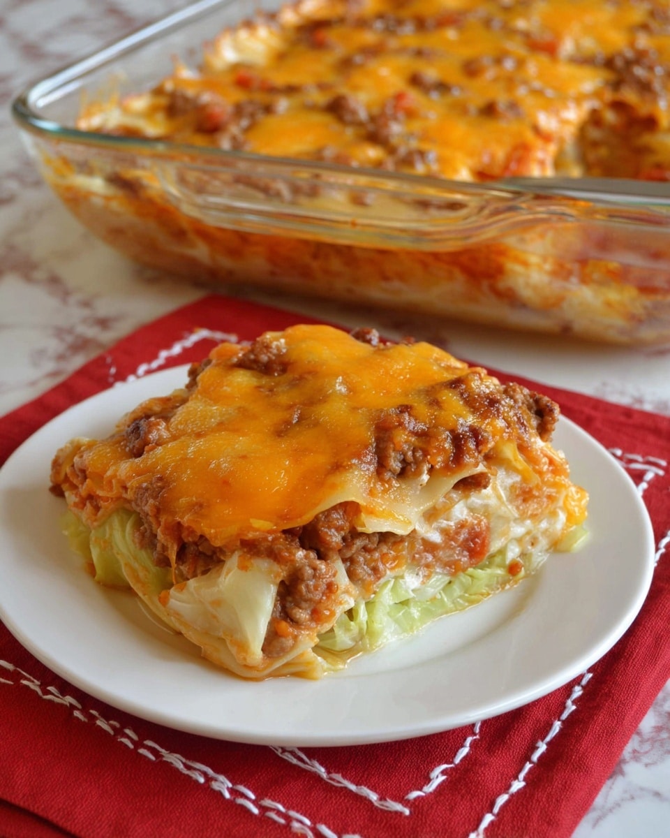 This image shows a baked casserole in a clear glass dish on a white marbled surface with a red cloth nearby. The casserole has multiple layers: the bottom layer is light green cabbage leaves, on top of that is a brown ground meat mixed with diced onions and sauce, then a layer of melted yellow and white cheese covers the top. The cheese appears soft and slightly browned in spots, with the meat and cabbage peeking through underneath. The casserole looks hot and fresh with a textured, hearty appearance photo taken with an iphone --ar 4:5 --v 7