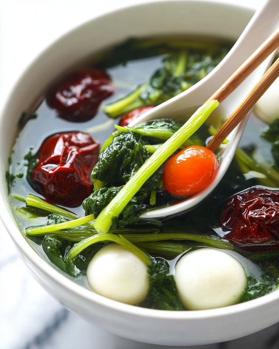 A close-up view of a white bowl filled with a clear soup showing three main layers: dark red dried jujube fruits floating on top, bright green leafy vegetables and stems sitting just below the jujubes, and round smooth white fish balls resting near the bottom. A white ceramic spoon inside the bowl holds a small bunch of shiny green leafy vegetables and an orange goji berry. Two light wooden chopsticks grasp some green stems resting on the right side of the bowl. The background is a white marbled texture. Photo taken with an iphone --ar 4:5 --v 7