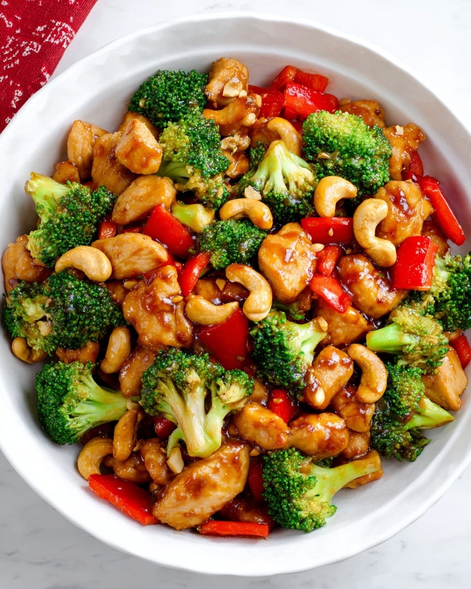 A white bowl filled with a colorful stir-fry dish showing three main layers: the top layer has bright green broccoli florets with textured surfaces and small stems, scattered evenly; the middle layer is full of golden brown pieces of cooked chicken coated in a shiny brown sauce, irregular in shape and size, spread throughout the dish; the bottom layer includes vibrant red bell pepper chunks and light brown cashew nuts mixed in between the broccoli and chicken, all sitting together on a bright white marbled surface. photo taken with an iphone --ar 4:5 --v 7