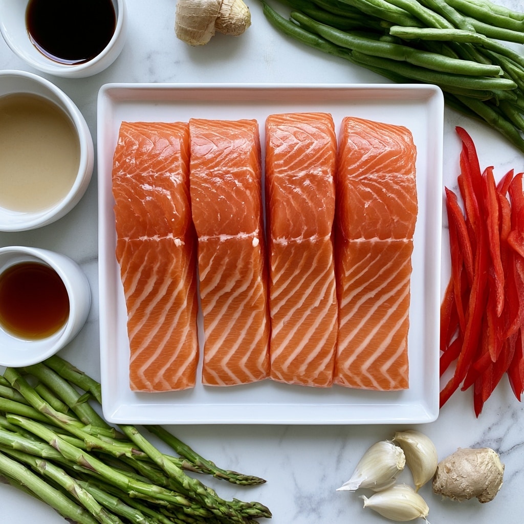 The image shows four pieces of raw salmon with a deep orange color and visible white lines, placed in a neat row on a white rectangular plate at the center. Around the plate, there are fresh green vegetables: asparagus on the bottom left and green beans on the top right. To the right of the plate, there are thin red strips of bell pepper. At the bottom right, there are three garlic cloves and a small ginger root. Above the salmon plate, there’s another small ginger root. On the left side of the image, there are four small white bowls with different liquids: soy sauce (dark brown/black), sesame oil (light amber), rice vinegar (pale yellow), and maple syrup (medium brown). The whole setup is laid out on a white marbled surface. Photo taken with an iphone --ar 4:5 --v 7