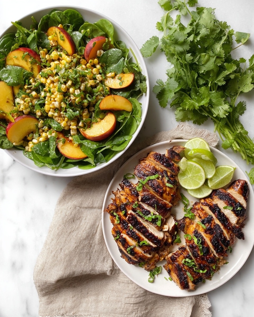 The image shows two white plates on a white marbled surface with a beige cloth underneath. One plate has grilled chicken pieces with dark grill lines, sliced into thick pieces, garnished with small green herb leaves, and a half lime is placed on the side. The other plate contains a salad with layers of fresh green leafy vegetables including spinach and lettuce, yellow grilled corn kernels and small sections, and golden peach slices, topped with light green herbs. A bunch of cilantro and a sliced lime are placed beside the plates. Photo taken with an iphone --ar 4:5 --v 7