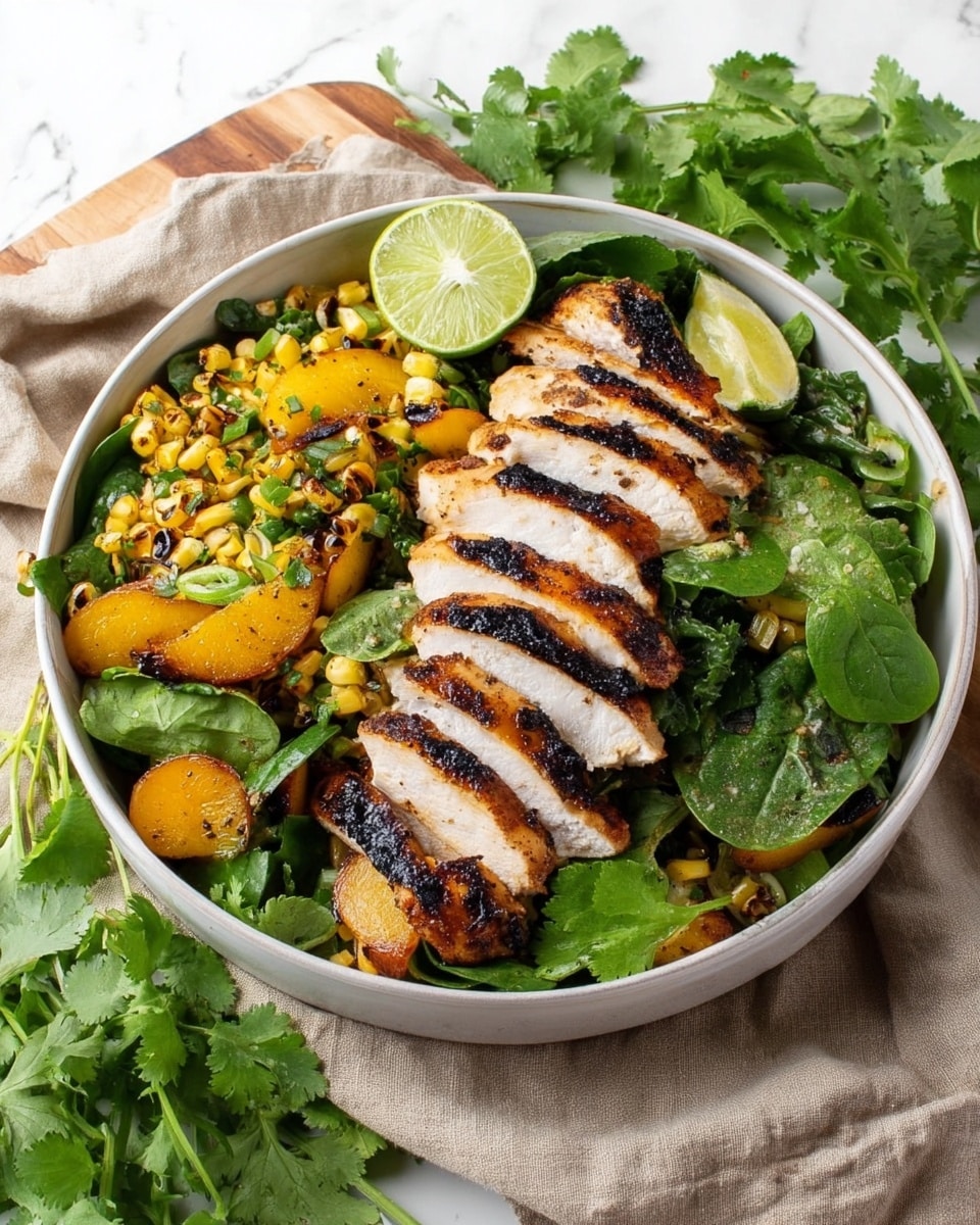 A white shallow bowl on a white marbled surface holds a colorful grilled chicken salad. The dish has three main layers: on one side, several slices of grilled chicken with charred black grill marks and white inside are laid out neatly. The second layer is grilled yellow peach and corn pieces with some light charring, adding warm orange and yellow tones scattered throughout the mixed greens. The base layer is fresh green leafy vegetables including kale, spinach, and other salad greens creating a textured green bed. A half lime is placed on top of the greens near the chicken. Around the bowl are fresh green herbs and greens resting on a soft beige cloth. photo taken with an iphone --ar 4:5 --v 7
