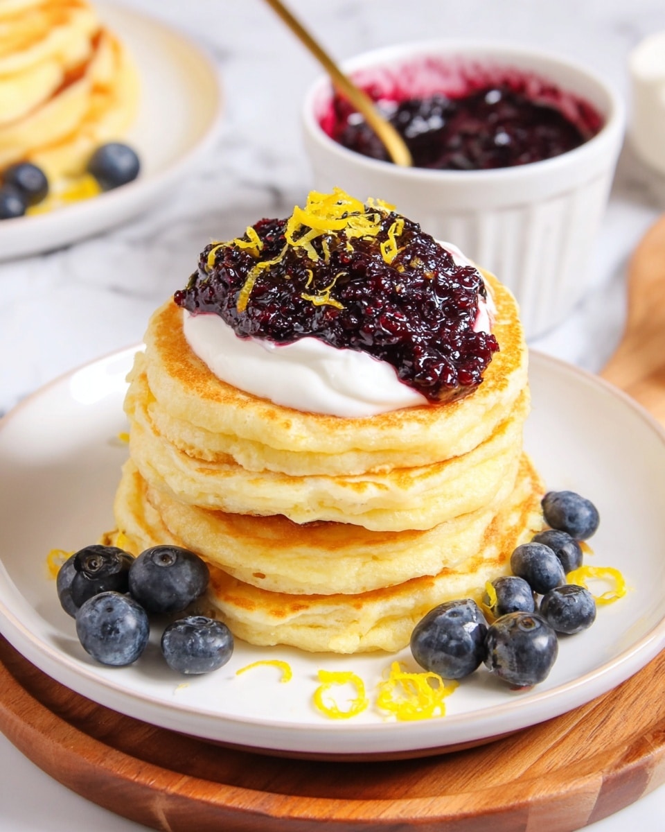 A stack of six golden pancakes sits in the center of a white plate, each pancake thick and fluffy with light browning on the edges. On top, there is a dollop of white cream or yogurt, covered with a generous spoonful of dark purple berry jam, textured with visible berry seeds. Around the stack, a handful of fresh blueberries are placed both on the plate and on the top pancake. Thin strips of bright yellow lemon zest add a fresh color contrast scattered on the plate and on top of the cream. The plate sits on a round wooden board, and in the background, a white bowl filled with more of the berry jam is visible. The photo was taken on a white marbled surface. photo taken with an iphone --ar 4:5 --v 7