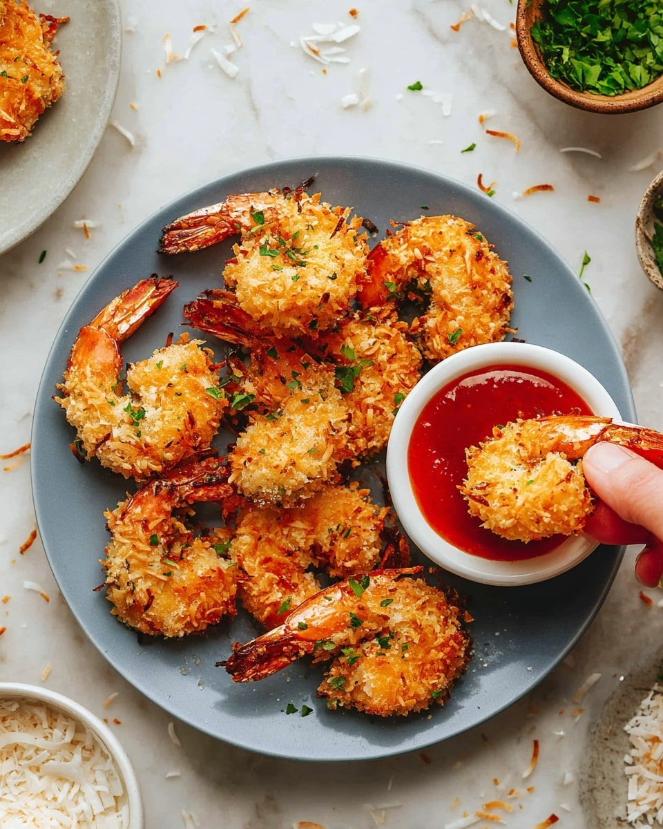 A round white plate filled with several golden brown coconut shrimp arranged in a slightly overlapping way, each shrimp coated with textured, crispy coconut flakes and small bits of green herbs scattered on top. To the right on the plate is a small white bowl with bright red dipping sauce, with one shrimp partly dipped and held by a person's fingers. The plate is set on a white marbled surface with scattered coconut flakes and blurred parts of other bowls with green herbs and uncooked coconut flakes visible. Photo taken with an iphone --ar 4:5 --v 7