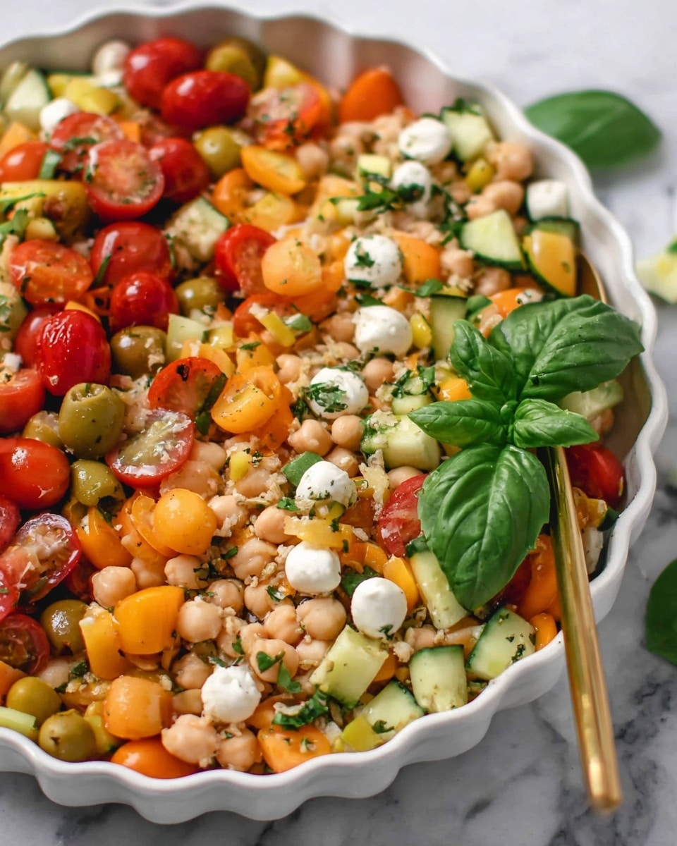 A large clear glass bowl holds a colorful salad made of small round white cheese pieces, yellow and red diced bell peppers, green cucumbers, halved red cherry tomatoes, chopped red onions, and whole green olives, all mixed with chickpeas and a light sprinkling of chopped parsley. Above the bowl, a clear glass mixing bowl tilted down pours a thick, yellow dressing over the salad, flowing in a smooth stream. A wooden spoon with light grain texture is partially submerged in the salad on the right side of the bowl. The clear glass bowl rests on a light tan woven mat, and the background shows a white marbled texture. photo taken with an iphone --ar 4:5 --v 7