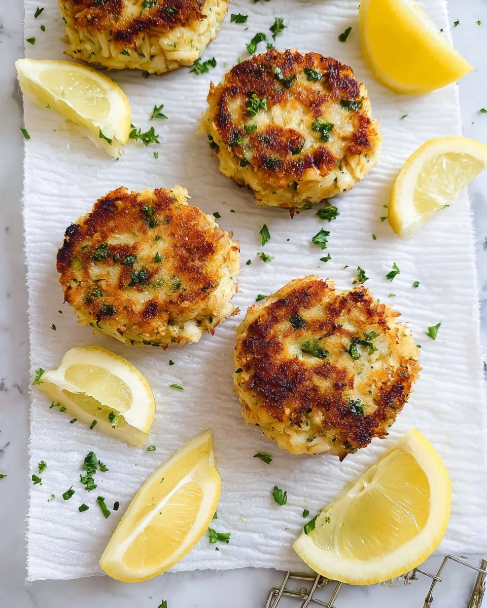 Four golden brown crab cakes with a slightly crispy texture and small green herb pieces on top are arranged on white parchment paper on a cooling rack. There are five light yellow lemon slices scattered around the crab cakes, some with green herbs sprinkled on them, all placed on a white marbled surface. Small green herb bits are scattered over the parchment paper as well. photo taken with an iphone --ar 4:5 --v 7