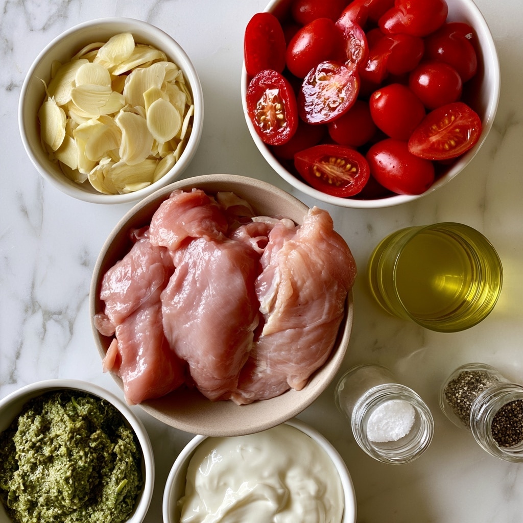 The image shows a top view of several ingredients on a white marbled surface. At the center bottom, there is a bowl with three raw pink chicken pieces. Above the chicken, on the left, is a smaller bowl filled with thin, pale yellow garlic slices. To the right of the garlic is a bowl full of bright red grape tomatoes, some whole and some cut in half, showing shiny juicy interiors. Below the tomatoes, to the right of the chicken, there is a small glass container with yellow olive oil. At the bottom left corner, a small bowl contains green pesto with a textured surface. Next to the pesto, in the center bottom, a bowl holds smooth, creamy white creme fraiche or heavy cream. Below the olive oil and next to the chicken are two small glass jars, one filled with salt and the other with pepper. All bowls are white, except the chicken bowl which is light brown. photo taken with an iphone --ar 4:5 --v 7