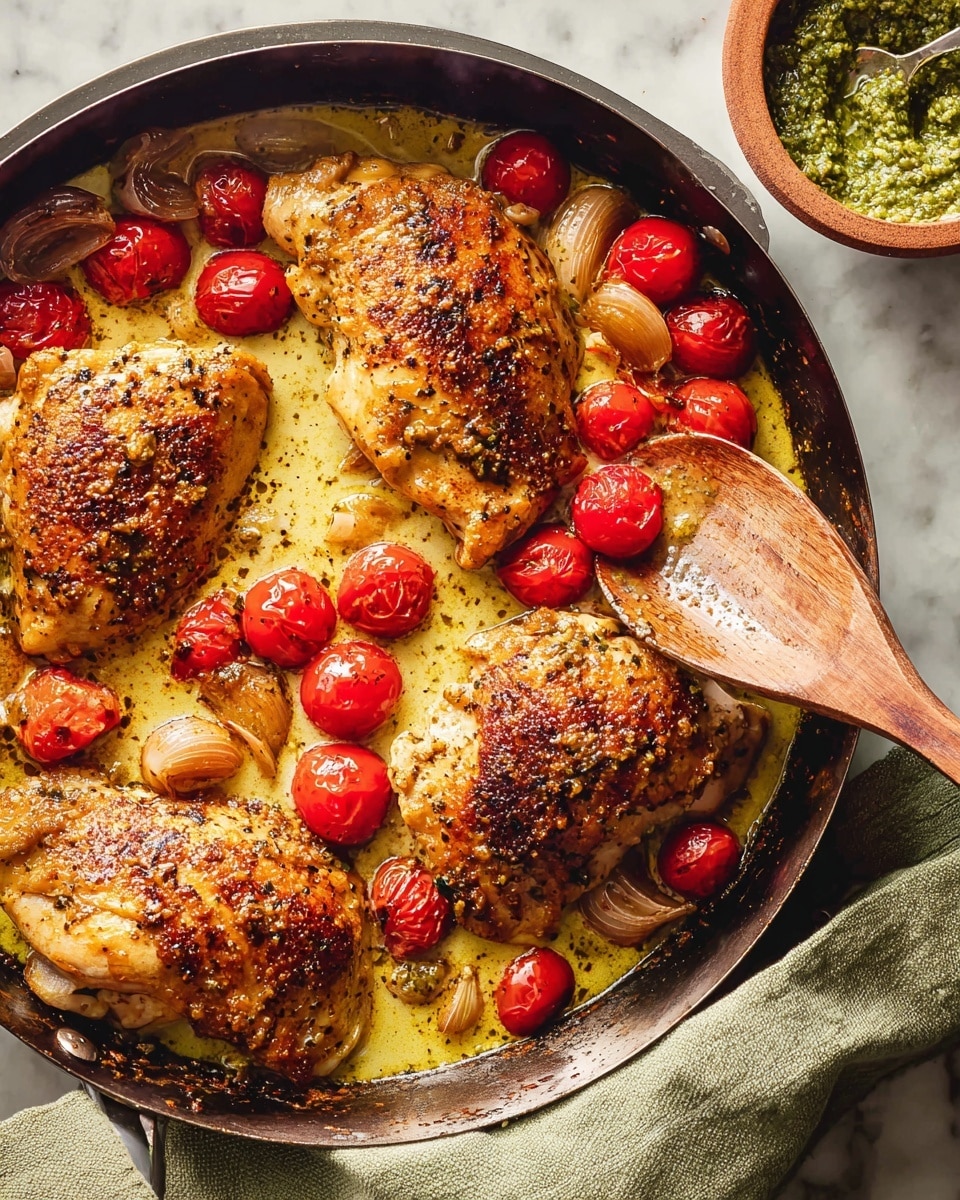 A close-up view of a black pan filled with four browned seasoned chicken pieces on the top layer, surrounded by small red cherry tomatoes and round slices of light brown garlic, all sitting in a creamy light yellow sauce with specks of black pepper; a wooden spoon is lifting one chicken piece from the bottom right, a greenish-beige cloth is under the pan on the bottom right corner, and a small bowl with green pesto sits at the top right corner, all on a white marbled surface photo taken with an iphone --ar 4:5 --v 7